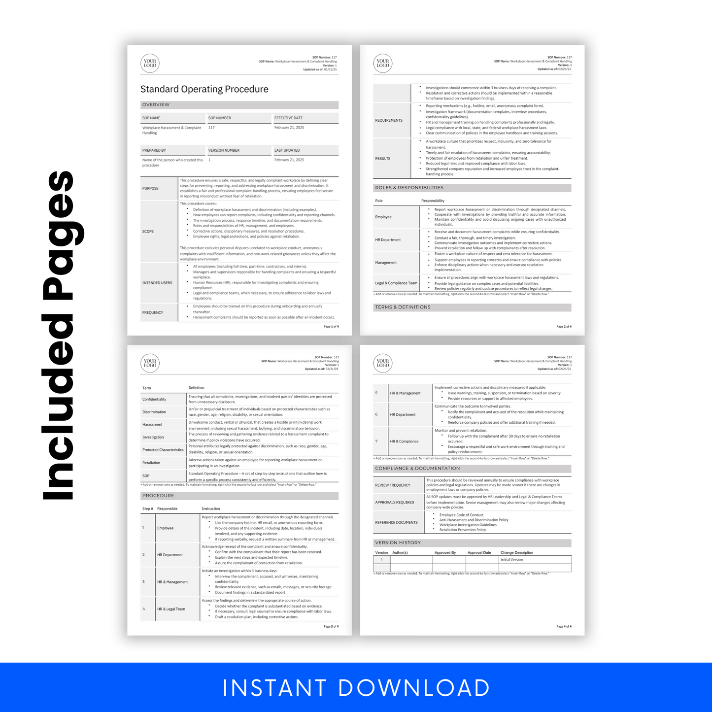 Workplace Harassment & Complaint Handling SOP template showcasing four included pages. Features structured sections such as overview, roles and responsibilities, terms and definitions, procedures, compliance documentation, and version history. 'Included Pages' text on the left highlights the document's comprehensive nature, with an 'Instant Download' banner at the bottom.