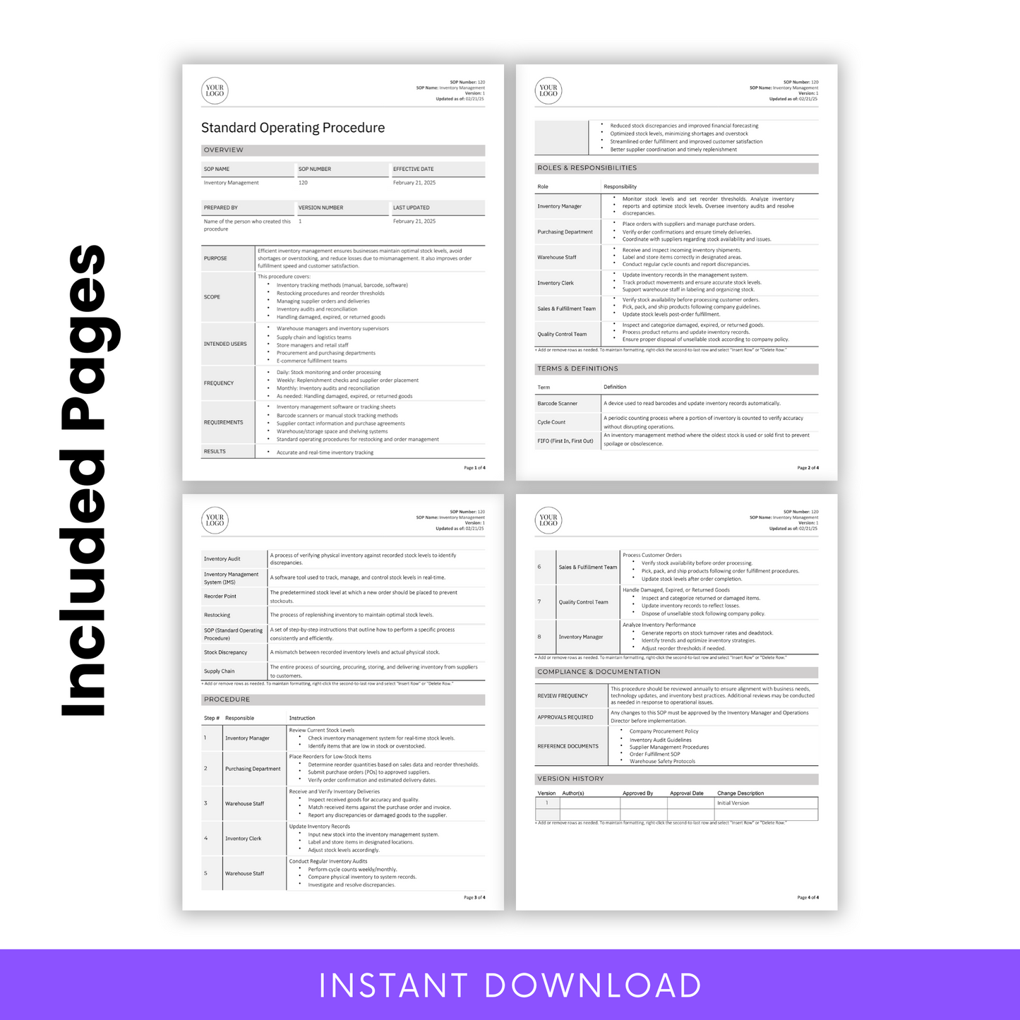 Included Pages in SOP Template for Inventory Management – Pre-Drafted Standard Operating Procedure in Word and PDF format. This editable SOP template features essential sections such as an overview, roles and responsibilities, terms and definitions, step-by-step procedures, compliance documentation, and a version history log. Ideal for manufacturing, supply chain, and operations management. Easily customize to fit your business needs. Instant digital download for quick implementation.