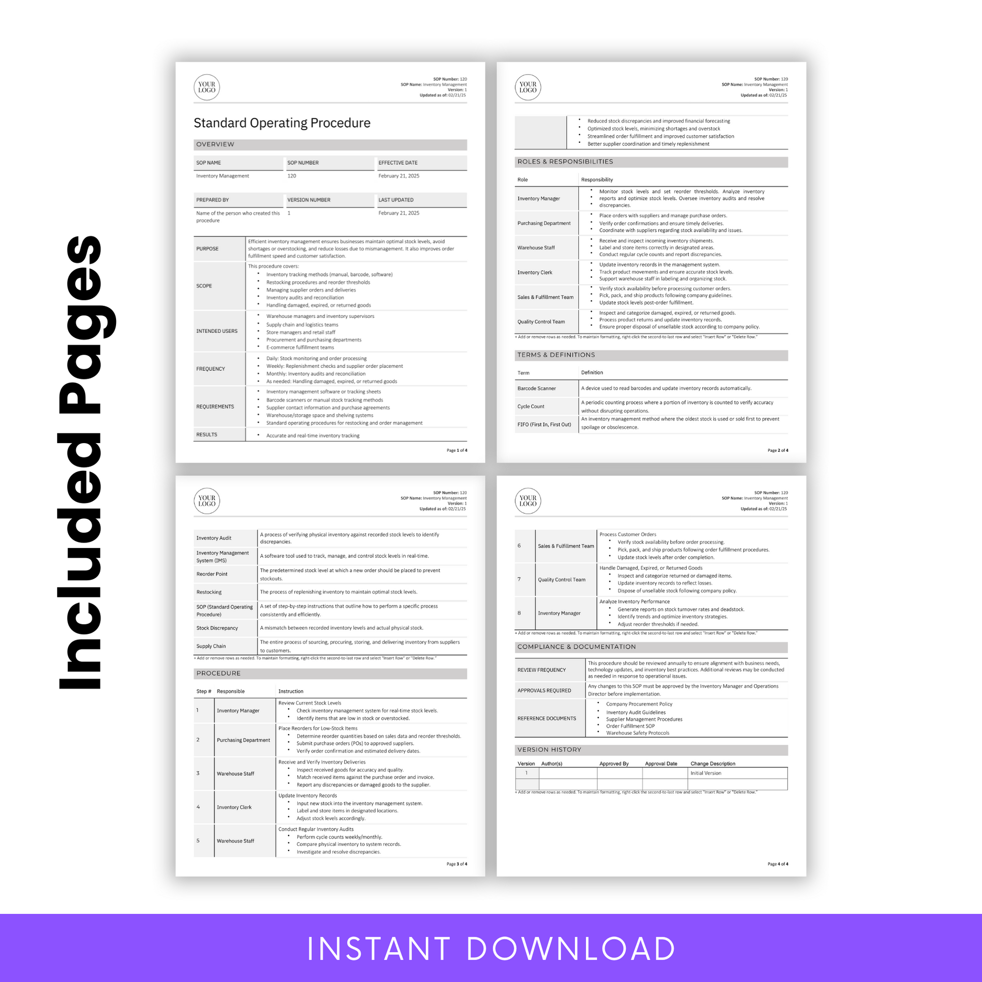 Included Pages in SOP Template for Inventory Management – Pre-Drafted Standard Operating Procedure in Word and PDF format. This editable SOP template features essential sections such as an overview, roles and responsibilities, terms and definitions, step-by-step procedures, compliance documentation, and a version history log. Ideal for manufacturing, supply chain, and operations management. Easily customize to fit your business needs. Instant digital download for quick implementation.