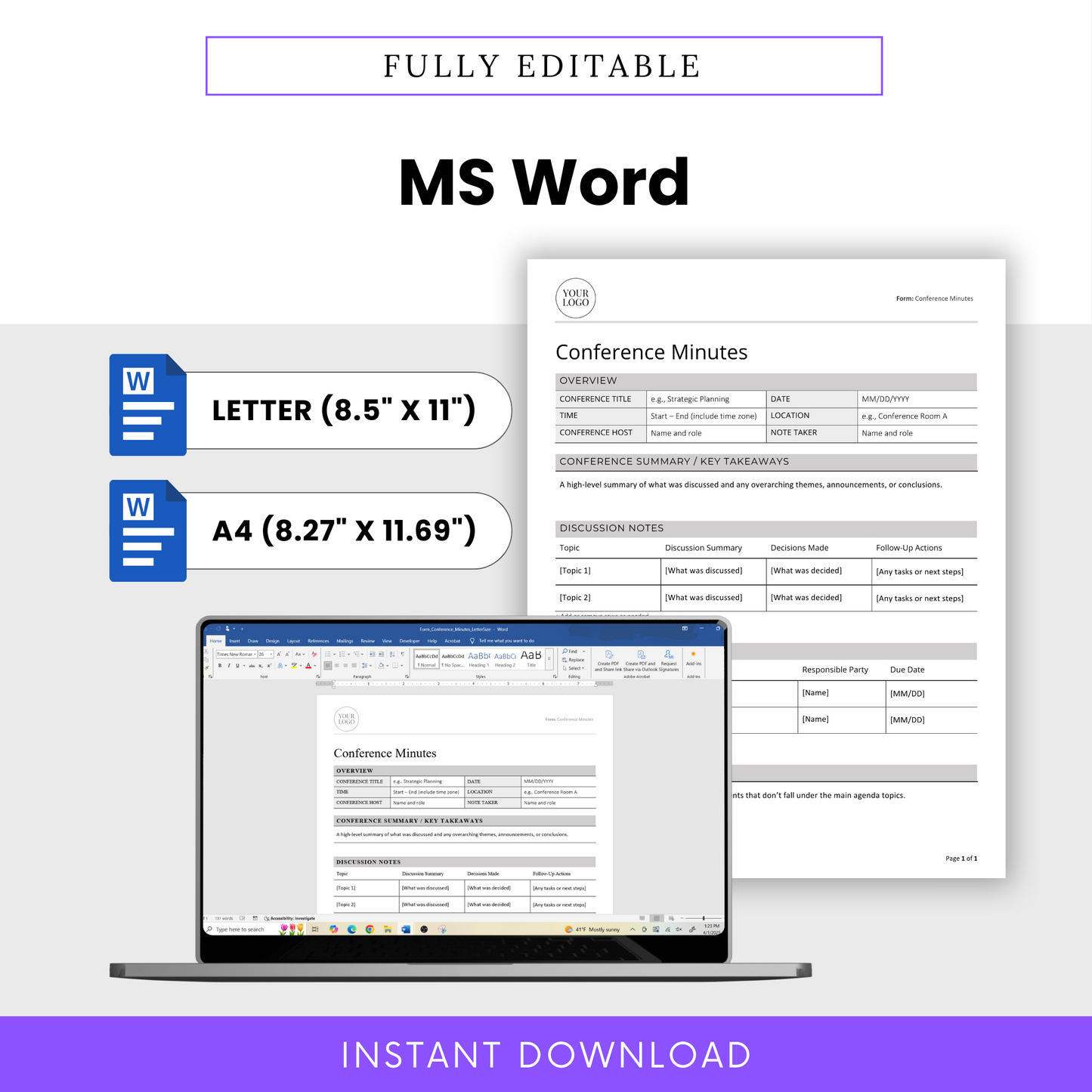 Fully editable Conference Minutes Template in MS Word format. Available in US Letter (8.5 x 11”) and A4 (8.27 x 11.69”) sizes. Image shows a digital preview of the template open on a laptop and formatted for easy editing. Instant download included.