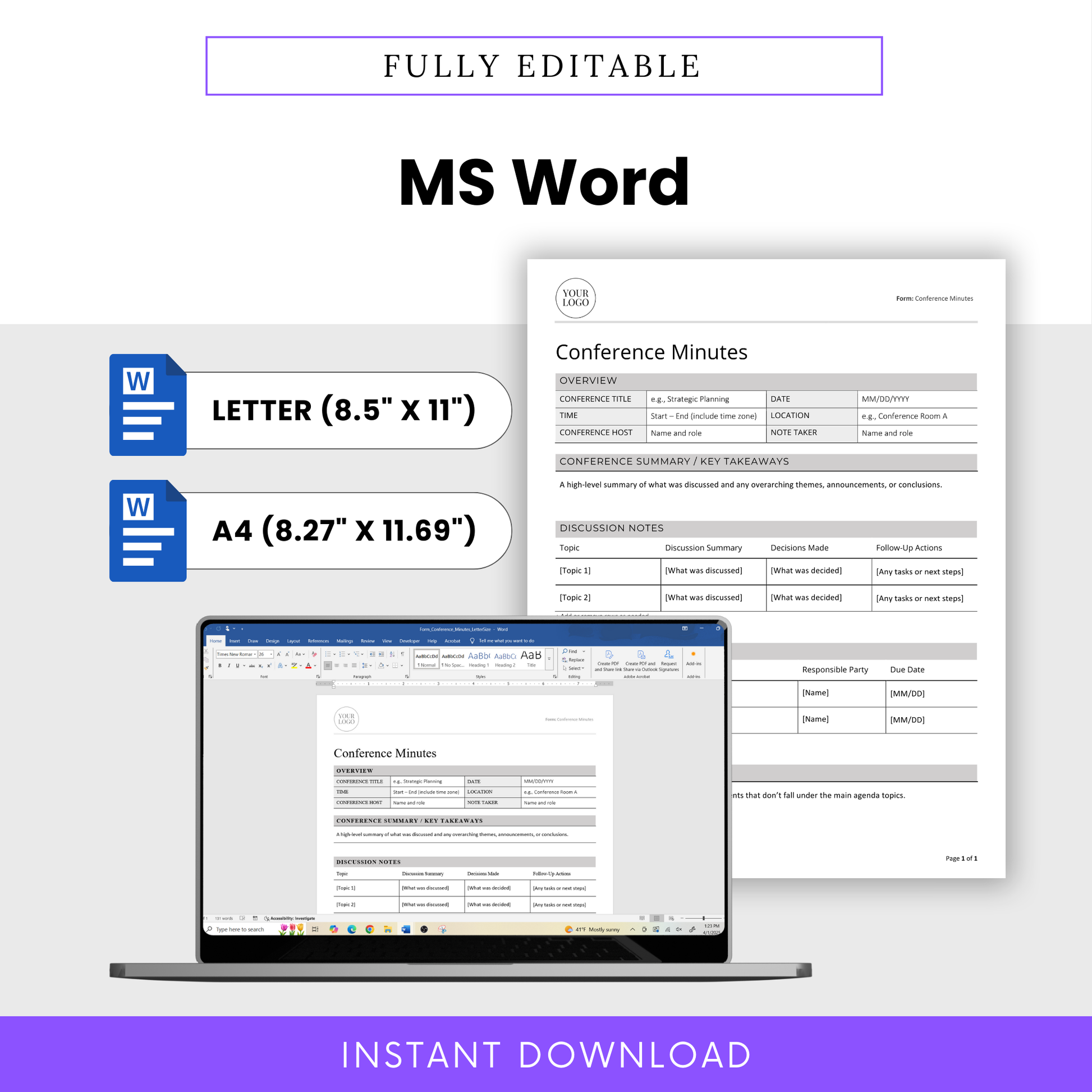 Fully editable Conference Minutes Template in MS Word format. Available in US Letter (8.5 x 11”) and A4 (8.27 x 11.69”) sizes. Image shows a digital preview of the template open on a laptop and formatted for easy editing. Instant download included.