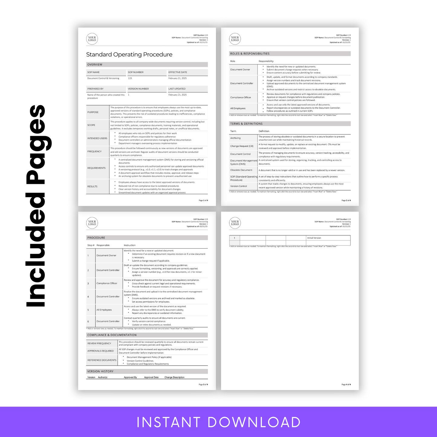 Included Pages in SOP Template – Pre-Drafted Standard Operating Procedure in Word and PDF format. This editable SOP template features essential sections such as an overview, roles and responsibilities, terms and definitions, step-by-step procedures, compliance documentation, and a version history log. Ideal for manufacturing, supply chain, and operations management. Easily customize to fit your business needs. Instant digital download for quick implementation.