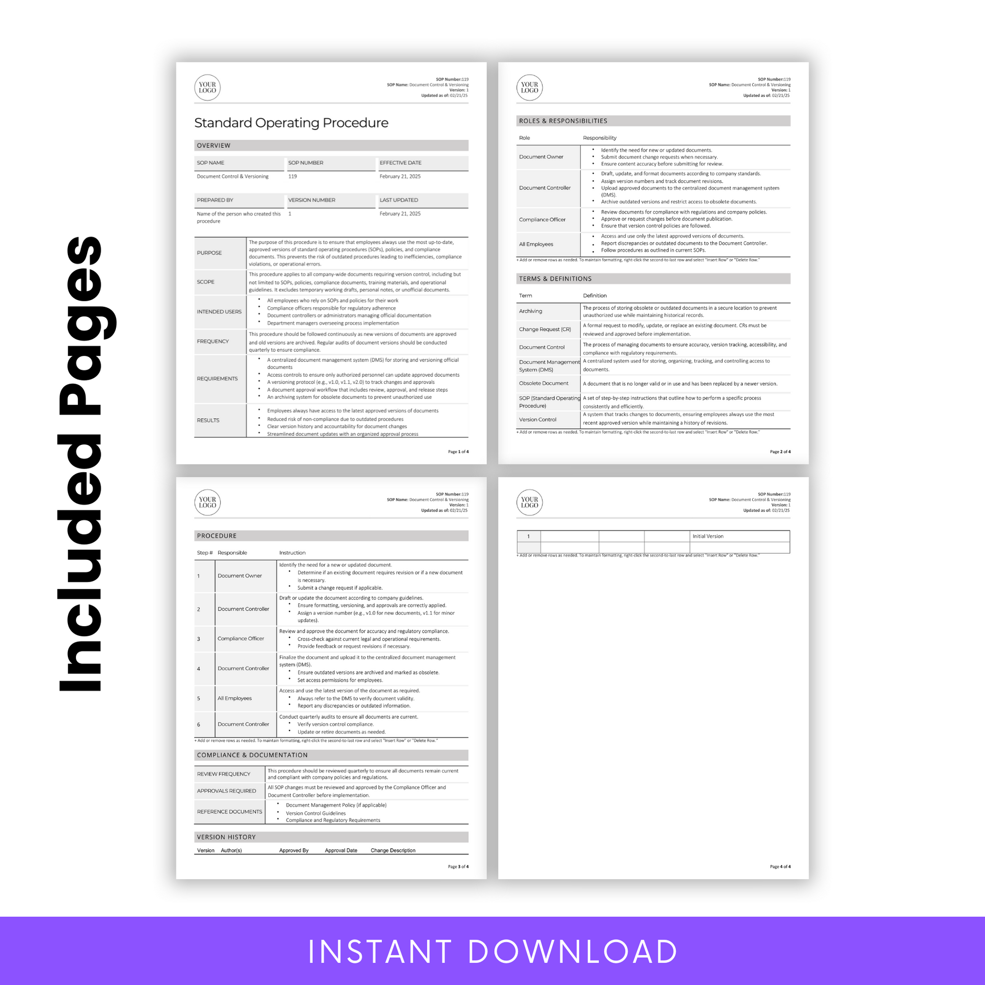 Included Pages in SOP Template – Pre-Drafted Standard Operating Procedure in Word and PDF format. This editable SOP template features essential sections such as an overview, roles and responsibilities, terms and definitions, step-by-step procedures, compliance documentation, and a version history log. Ideal for manufacturing, supply chain, and operations management. Easily customize to fit your business needs. Instant digital download for quick implementation.