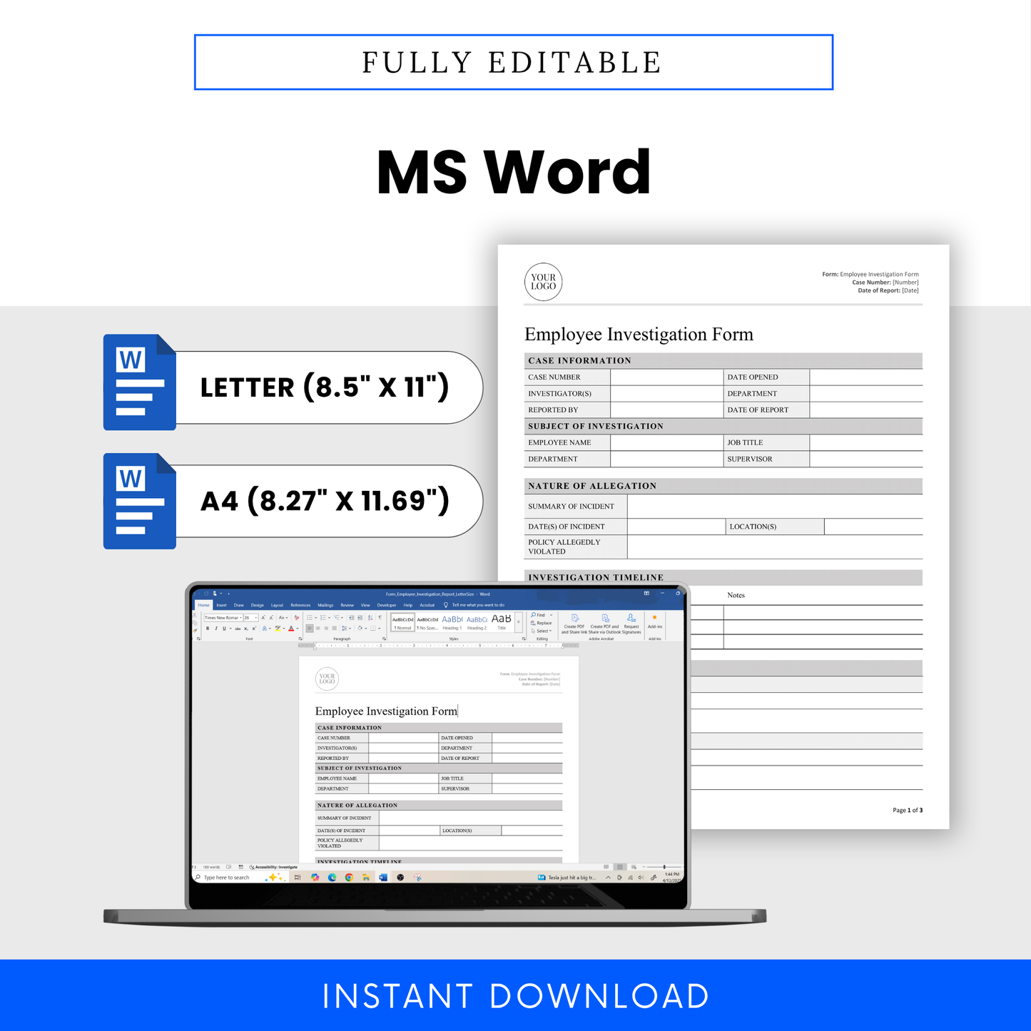Image showcasing editable Word version of the Employee Investigation Report form on a laptop, with compatibility for both Letter and A4 paper sizes.