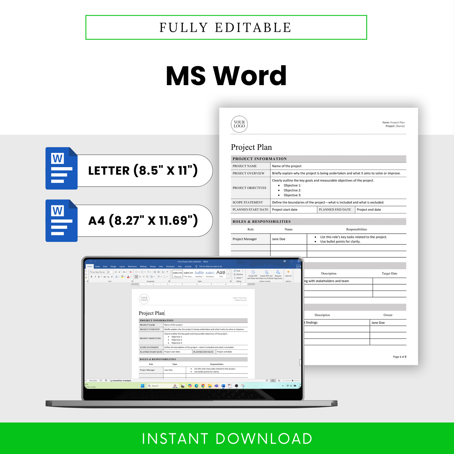 Laptop displaying the Simple Project Plan in MS Word format with Letter and A4 layout options highlighted.