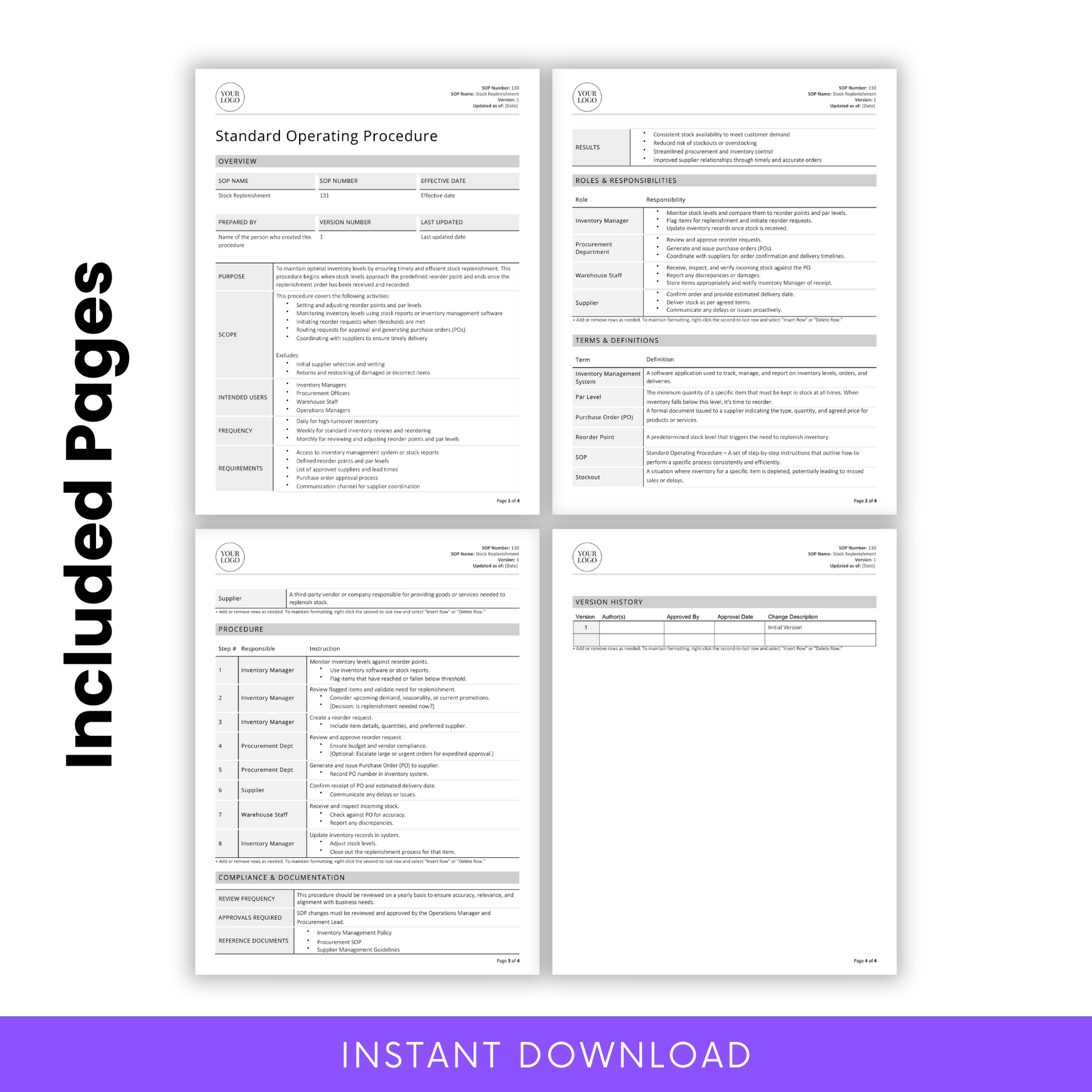 Preview of all included pages in the Stock Replenishment SOP Template. Fully formatted SOP with sections for Purpose, Scope, Procedure, Roles & Responsibilities, Terms & Definitions, Compliance, and Version History. Instant download in editable Word and PDF formats.