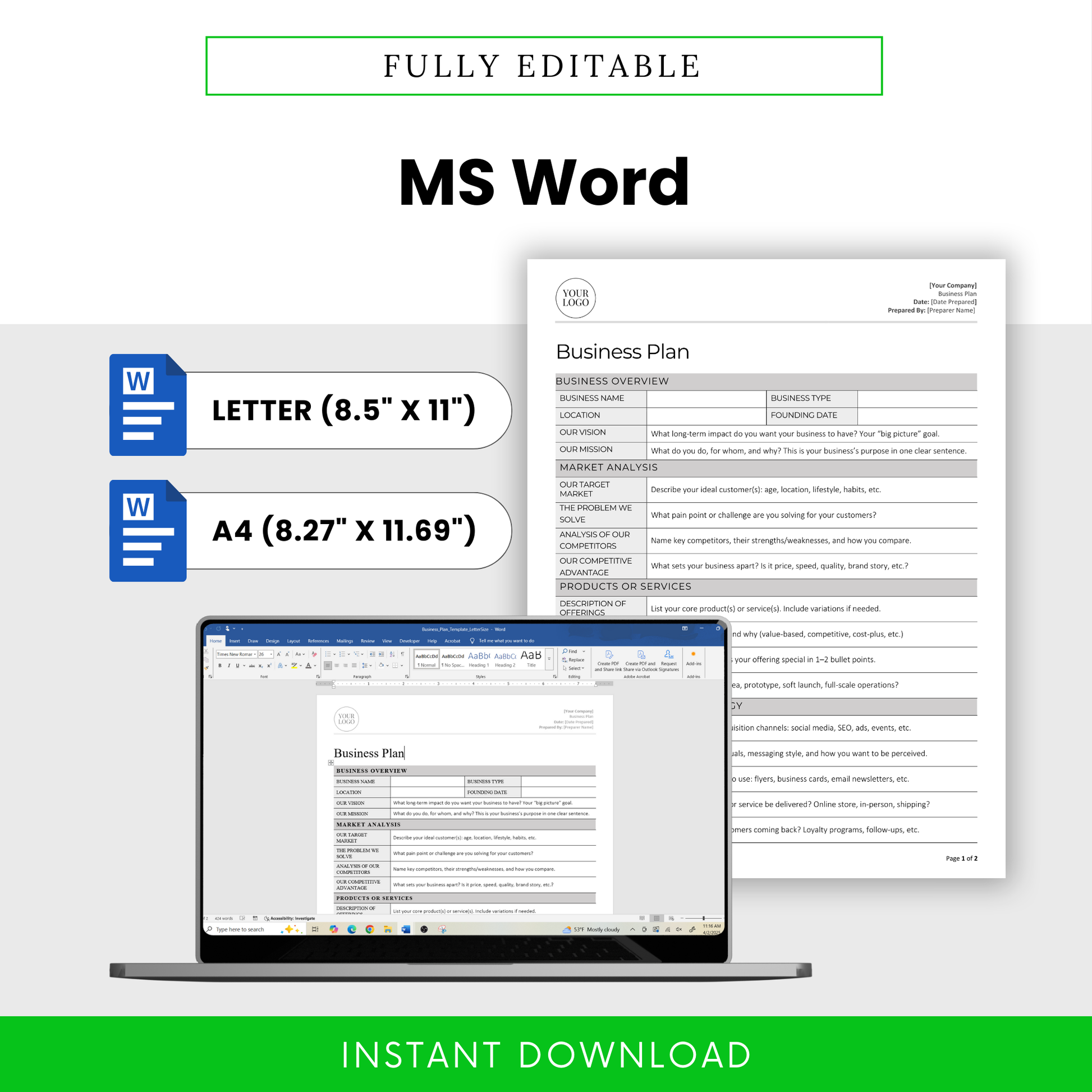 Simple Business Plan Template shown in Microsoft Word on a laptop. Includes Letter (8.5 x 11 in) and A4 (8.27 x 11.69 in) versions for editing and printing. Instant download available.