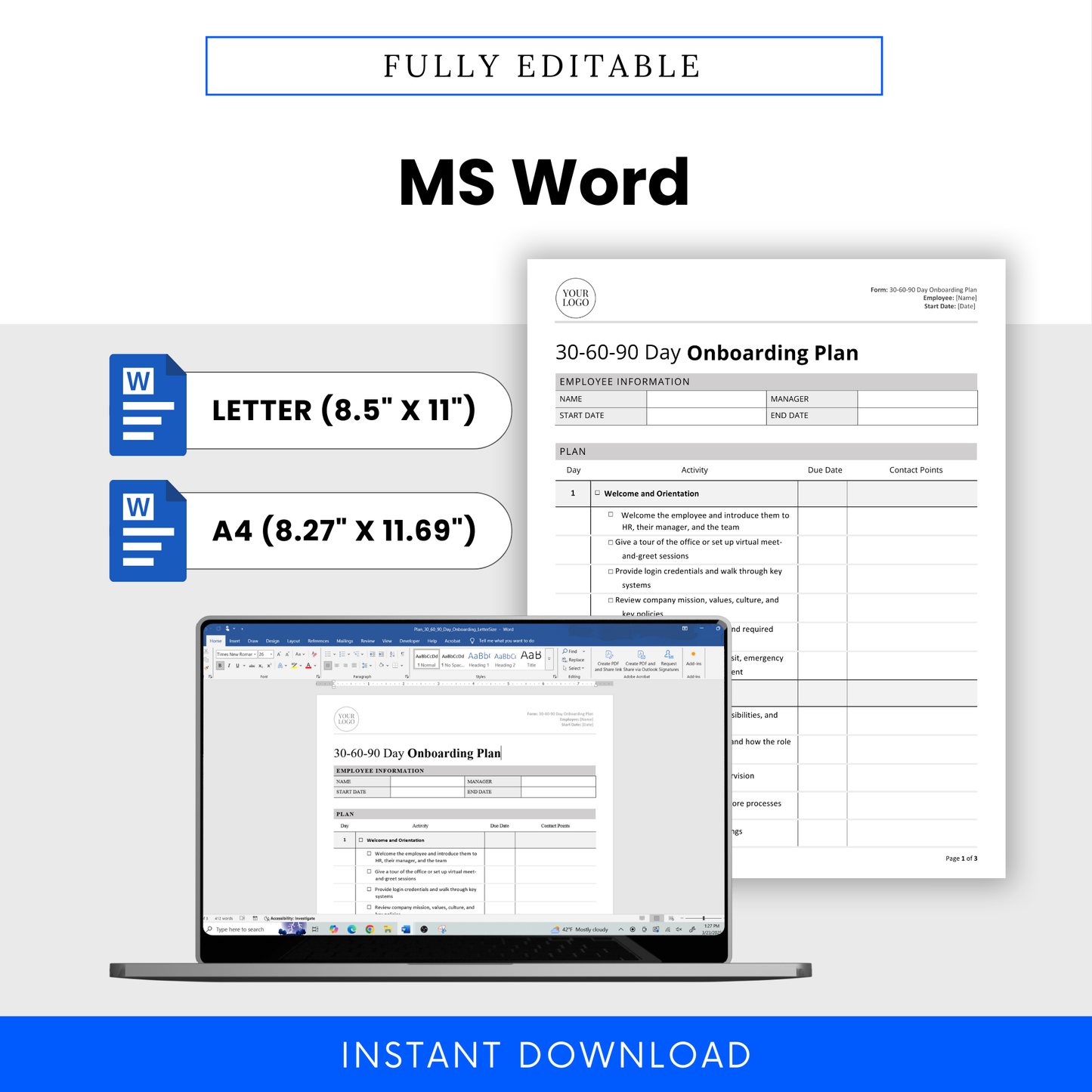 Editable 30-60-90 Day Onboarding Plan Template in Microsoft Word format. Includes two file sizes: US Letter (8.5 x 11 inches) and A4 (8.27 x 11.69 inches). HR onboarding form with pre-filled checklist sections for pre-boarding and administrative tasks. Designed for HR professionals, recruiters, and small business owners to streamline new employee onboarding. Fully customizable Word document with space to add company logo and branding. Instant digital download for easy use and quick setup.
