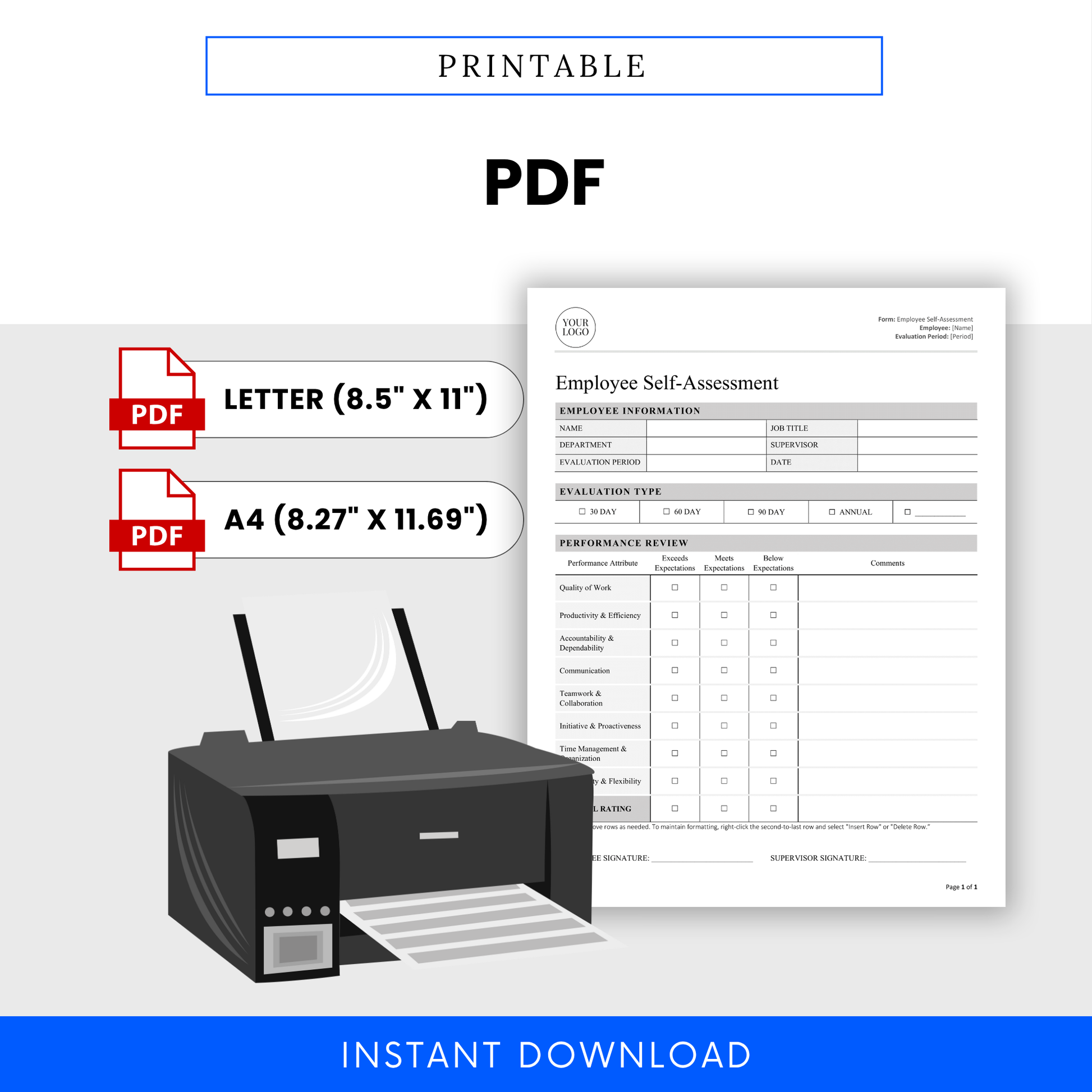 Printer and PDF mockup showing the employee self-assessment form as a ready-to-print file in both US Letter and A4 formats.