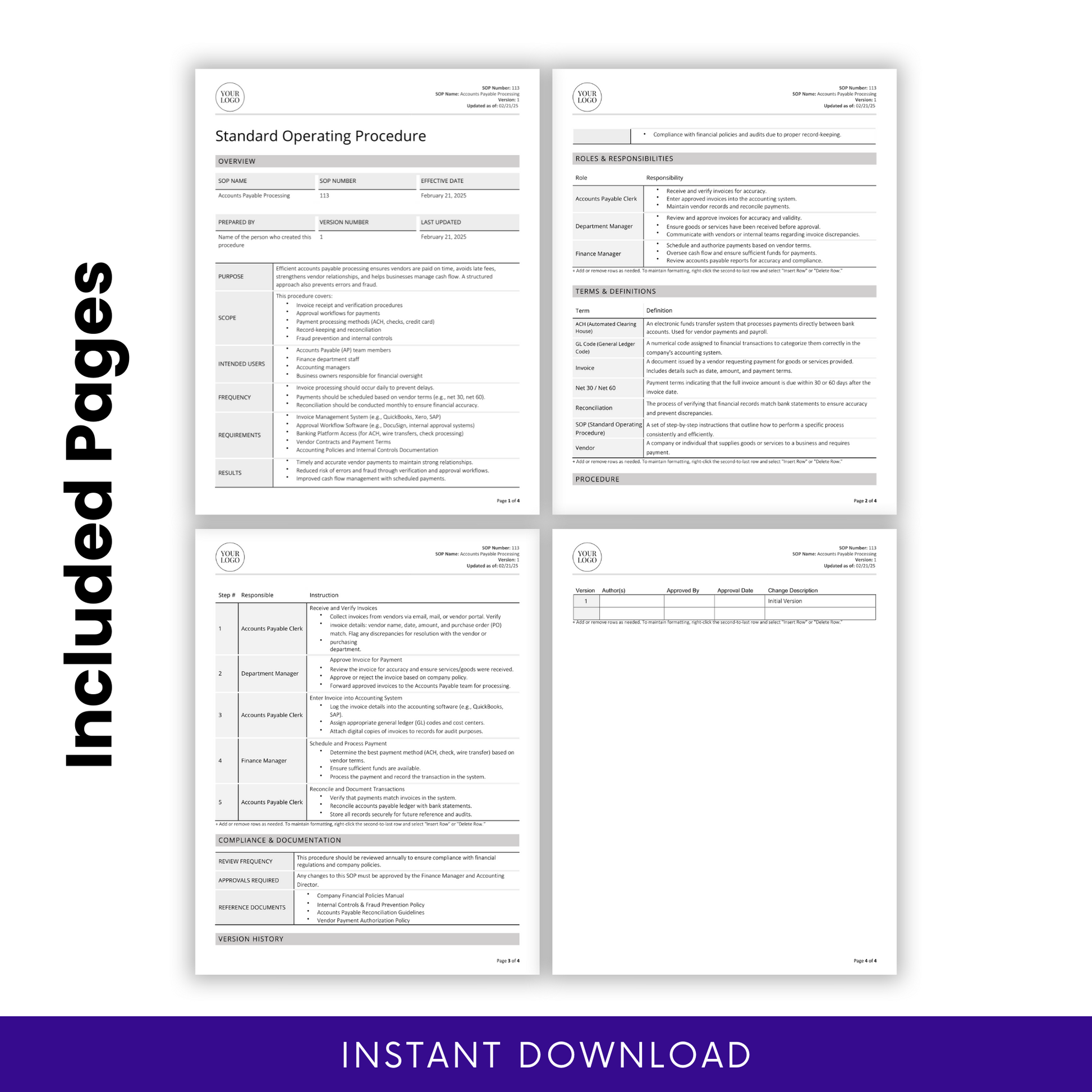 Accounts Payable Processing SOP template showcasing four included pages. Features structured sections such as overview, roles and responsibilities, terms and definitions, procedures, compliance documentation, and version history. 'Included Pages' text on the left highlights the document's comprehensive nature, with an 'Instant Download' banner at the bottom.