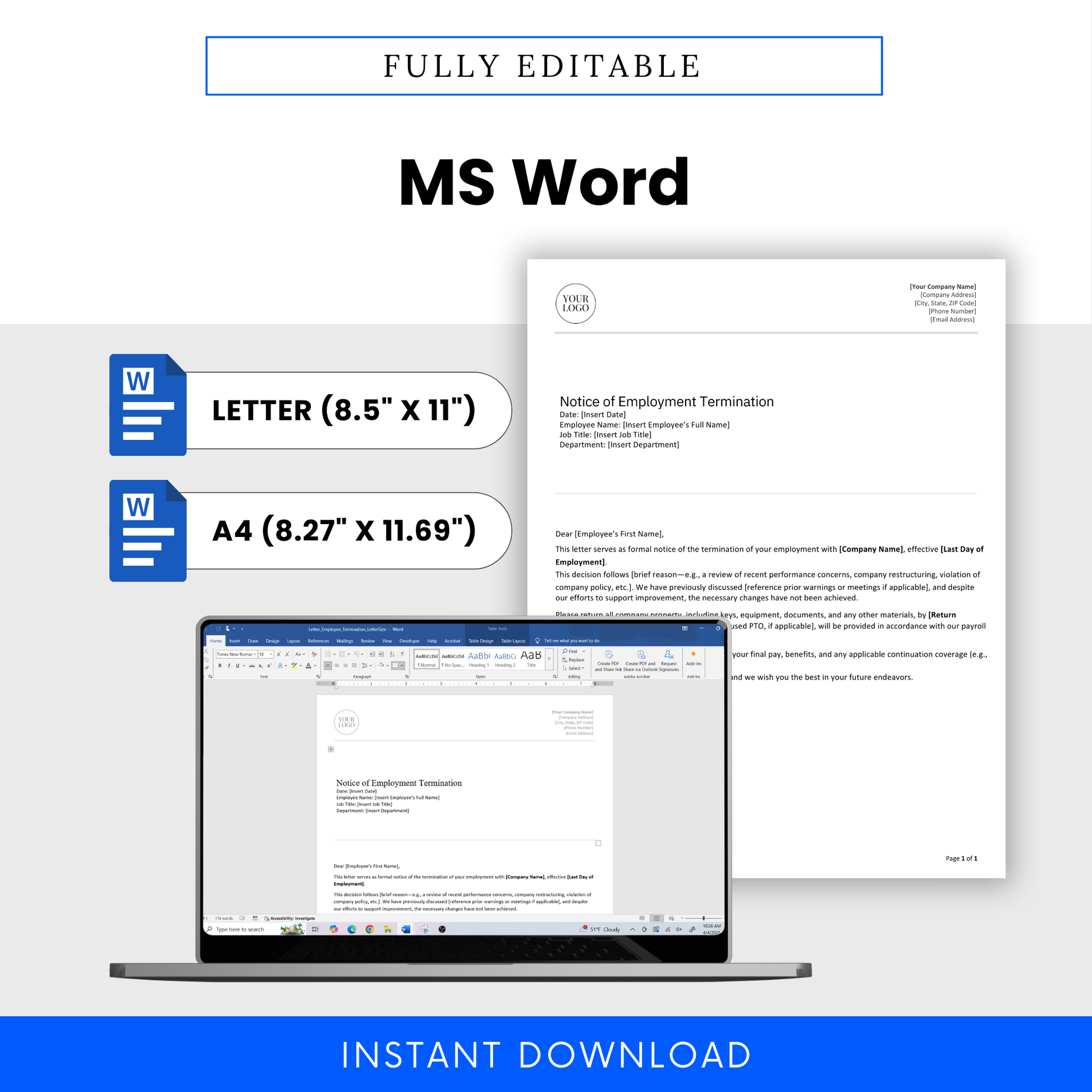 Editable Employment Termination Letter shown on a laptop in Microsoft Word with sizing options for Letter and A4 formats.