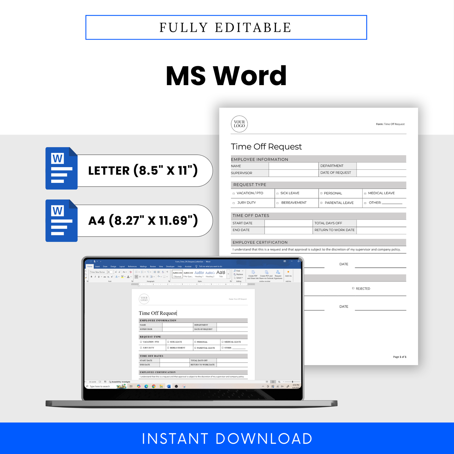 Editable Time Off Request Form shown open in Microsoft Word with Letter and A4 size icons for easy digital use.