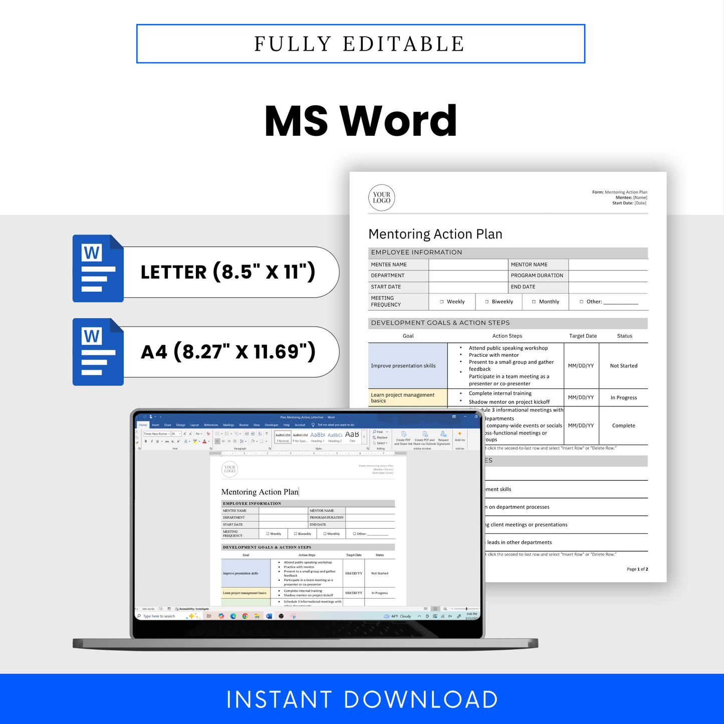 Fully editable Mentoring Action Plan Template in Microsoft Word format. Available in US Letter (8.5” x 11”) and A4 (8.27” x 11.69”) sizes. Displayed on laptop screen and previewed with structured sections for goal setting, progress tracking, support resources, and reflections. Designed for workplace mentoring, leadership programs, and employee development. Easily customizable and ready for branding. Instant digital download for HR teams, managers, and mentors.