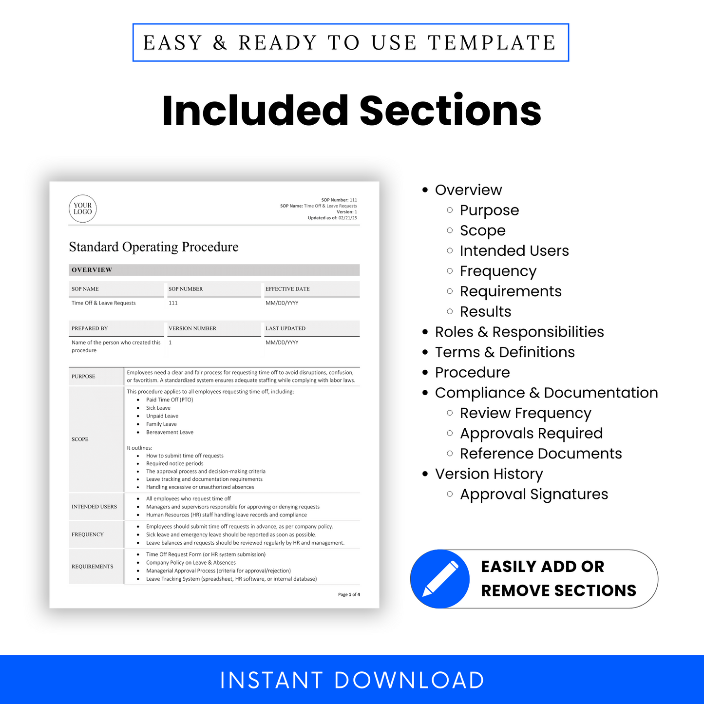 Standard Operating Procedure template with included sections and instant download option.