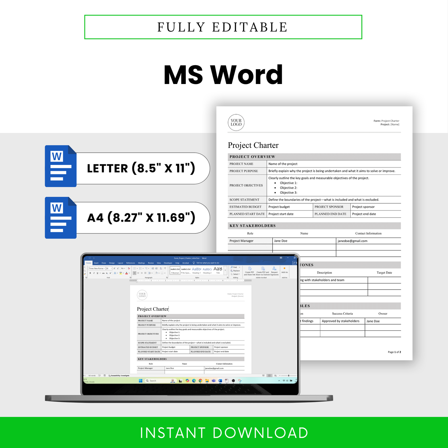 Editable Word format of the template for project management showcased on a laptop, highlighting both Letter and A4 paper size options.