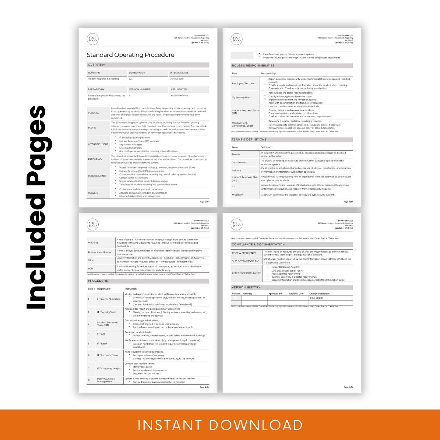 Incident Response & Reporting SOP template showcasing four included pages. Features structured sections such as overview, roles and responsibilities, terms and definitions, procedures, compliance documentation, and version history. 'Included Pages' text on the left highlights the document's comprehensive nature, with an 'Instant Download' banner at the bottom.