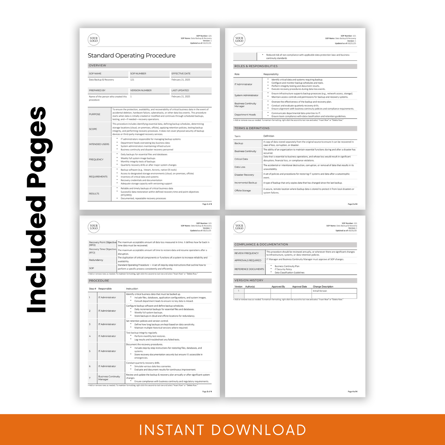 Database Backup, Critical Data Backup, & Data Restore SOP template showcasing four included pages. Features structured sections such as overview, roles and responsibilities, terms and definitions, procedures, compliance documentation, and version history. 'Included Pages' text on the left highlights the document's comprehensive nature, with an 'Instant Download' banner at the bottom.