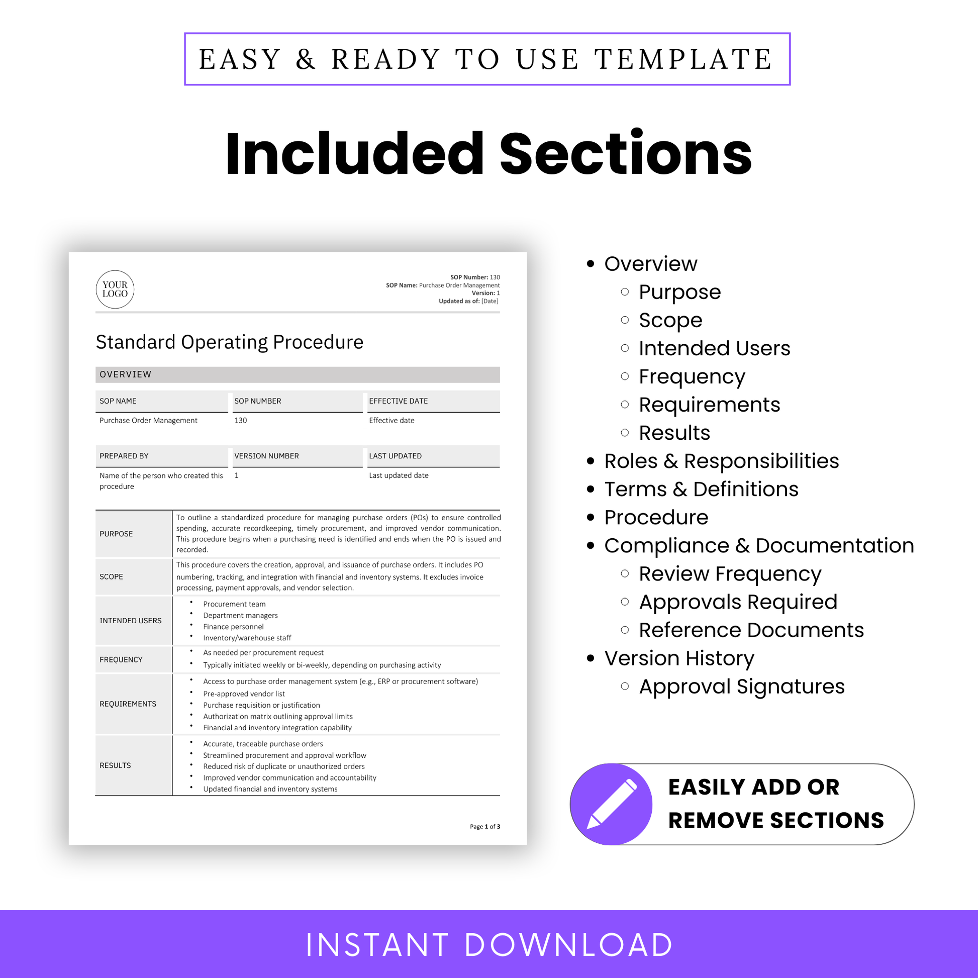 Included Sections Overview for Purchase Order Management SOP Template – Editable Standard Operating Procedure for Small Business Procurement – Lists Key Sections: Overview, Purpose, Scope, Intended Users, Frequency, Requirements, Results, Roles & Responsibilities, Terms & Definitions, Procedure, Compliance & Documentation, and Version History – Word and PDF Format – Easily Add, Edit, or Remove Sections – Instant Download for Operations Management, Inventory, and Vendor Process Workflows