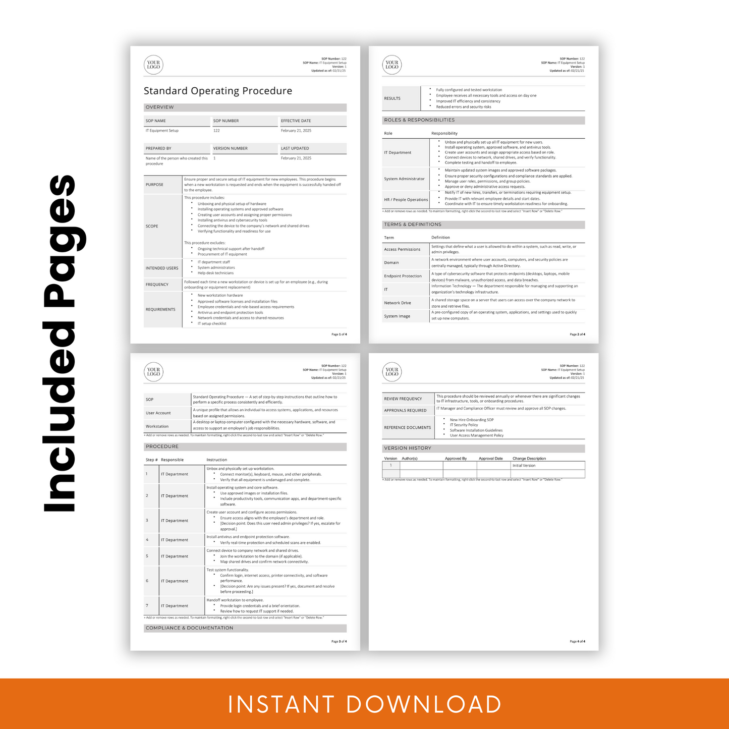 IT Equipment Setup SOP template showcasing four included pages. Features structured sections such as overview, roles and responsibilities, terms and definitions, procedures, compliance documentation, and version history. 'Included Pages' text on the left highlights the document's comprehensive nature, with an 'Instant Download' banner at the bottom.