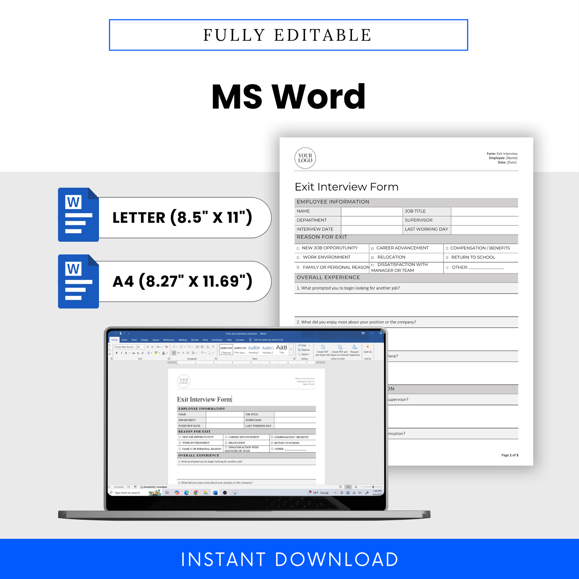 Editable version of the Exit Interview Form in Microsoft Word with Letter and A4 size options shown on a laptop screen.