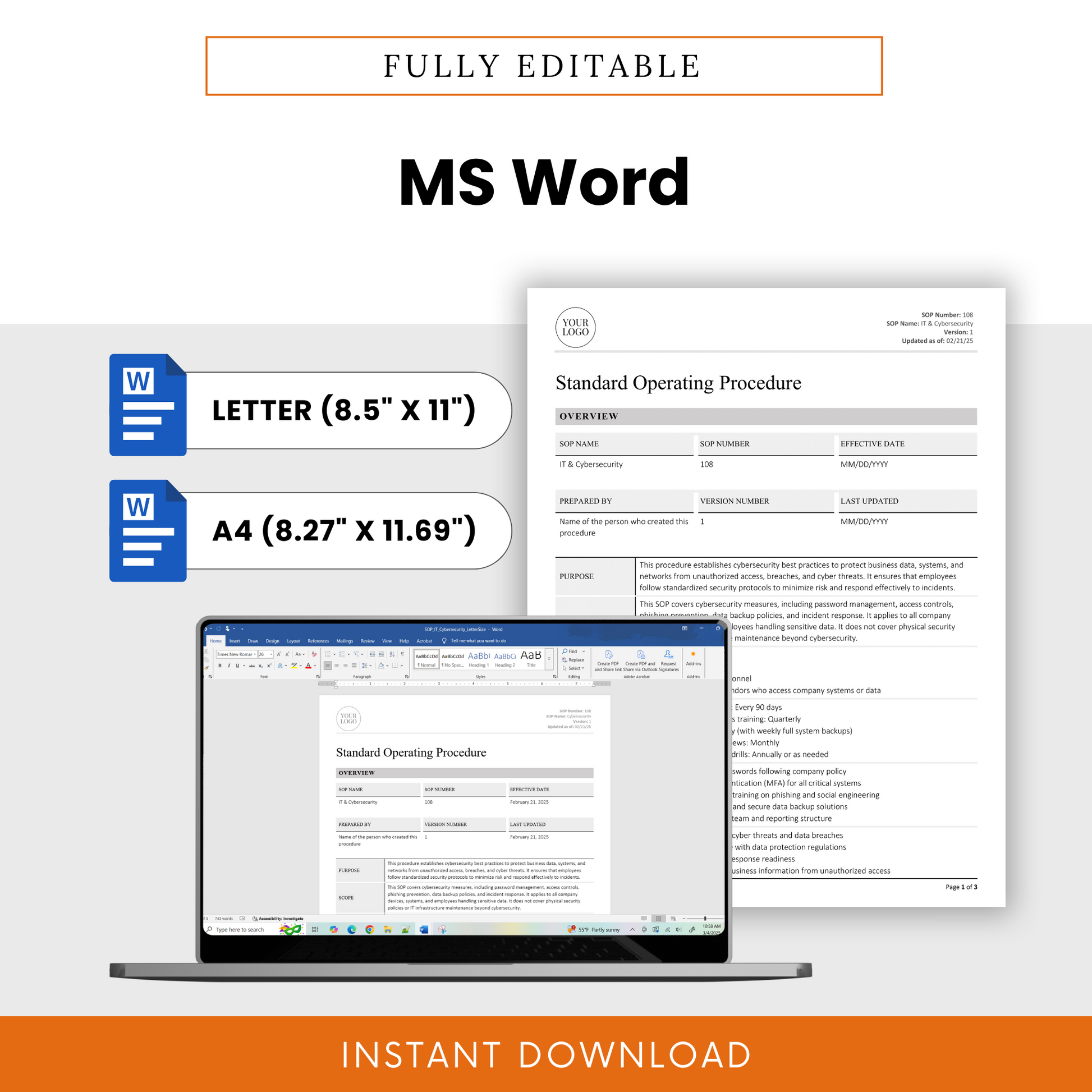 Editable SOP template displayed on a laptop screen in Microsoft Word, with format options in Letter and A4 sizes