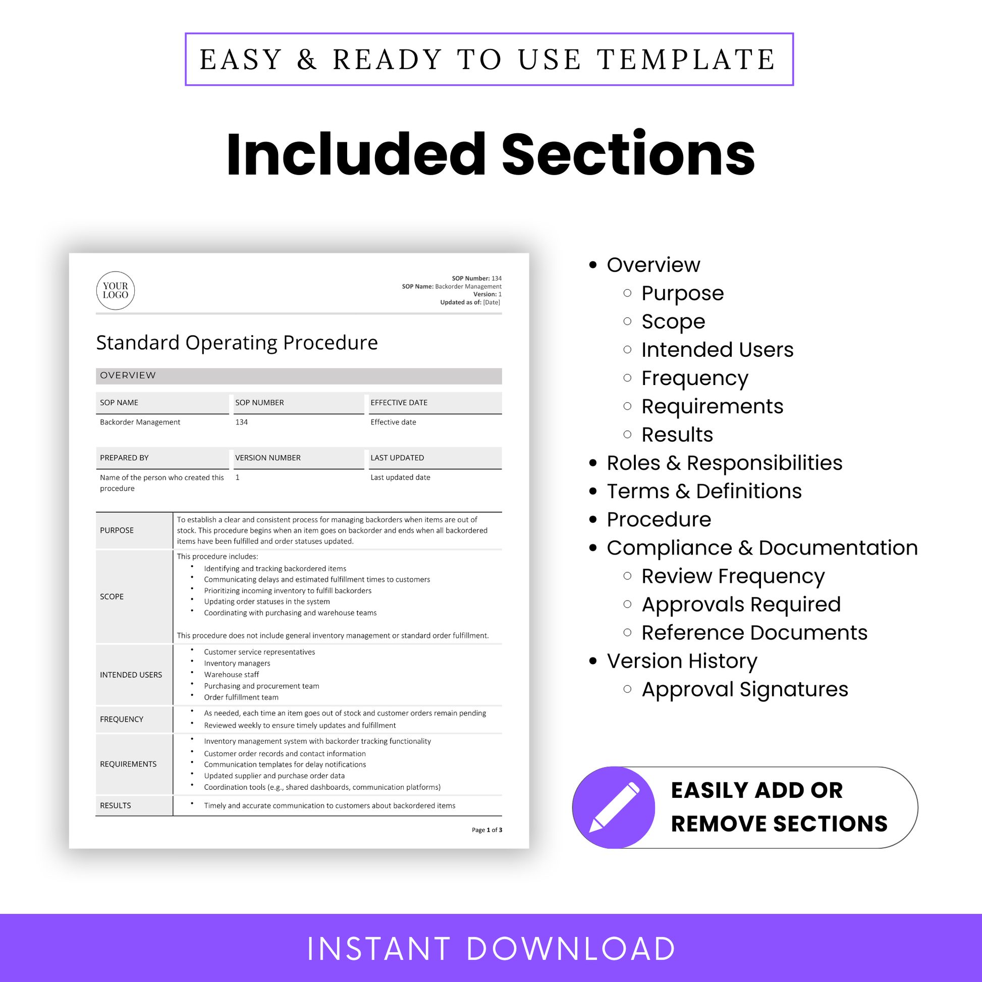 Included sections of the Backorder Management SOP Template: Overview, Purpose, Scope, Intended Users, Frequency, Requirements, Results, Roles & Responsibilities, Terms & Definitions, Procedure, Compliance & Documentation, and Version History. Fully editable and easy to customize. Instant download.