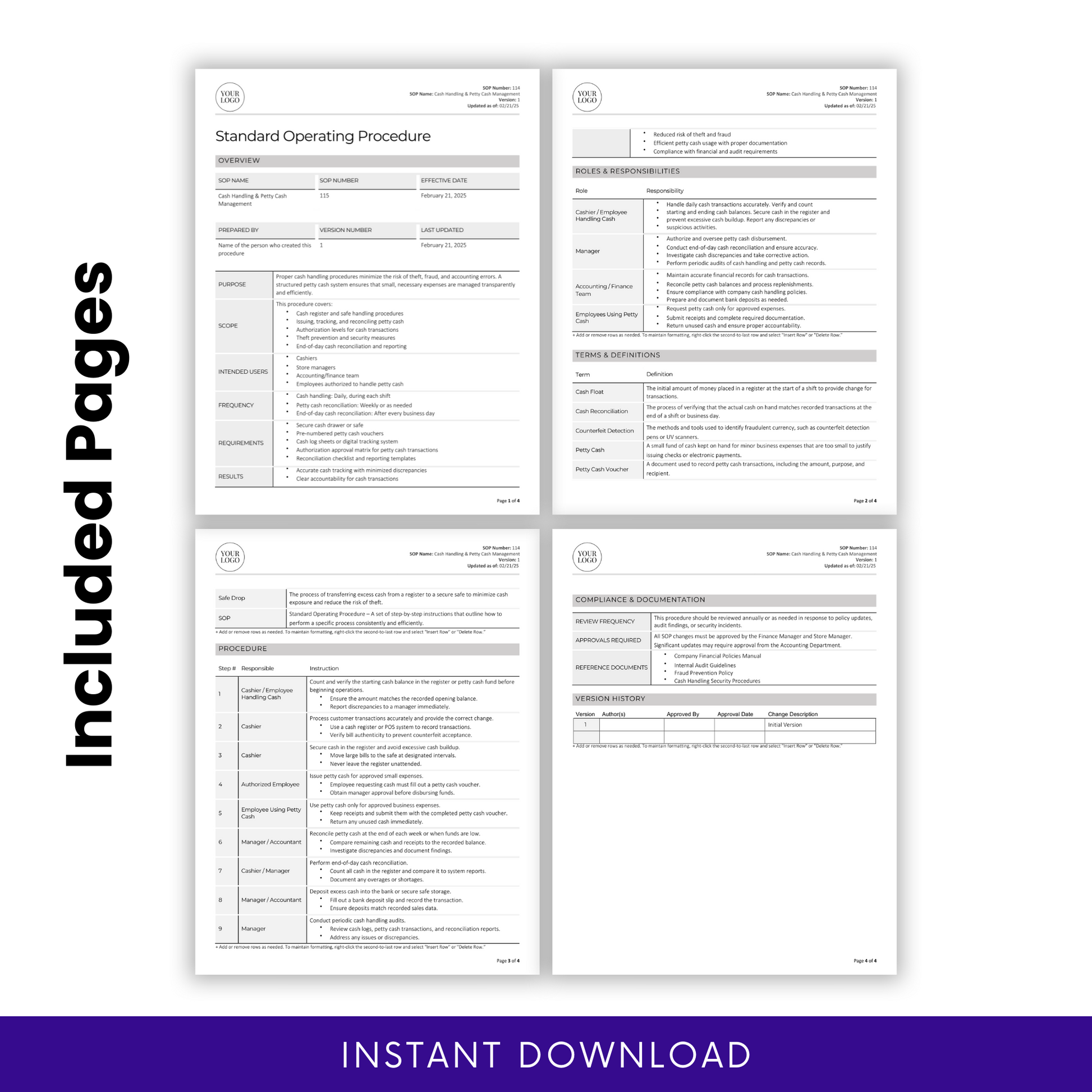 Cash Handling & Petty Cash Management SOP template showcasing four included pages. Features structured sections such as overview, roles and responsibilities, terms and definitions, procedures, compliance documentation, and version history. 'Included Pages' text on the left highlights the document's comprehensive nature, with an 'Instant Download' banner at the bottom.