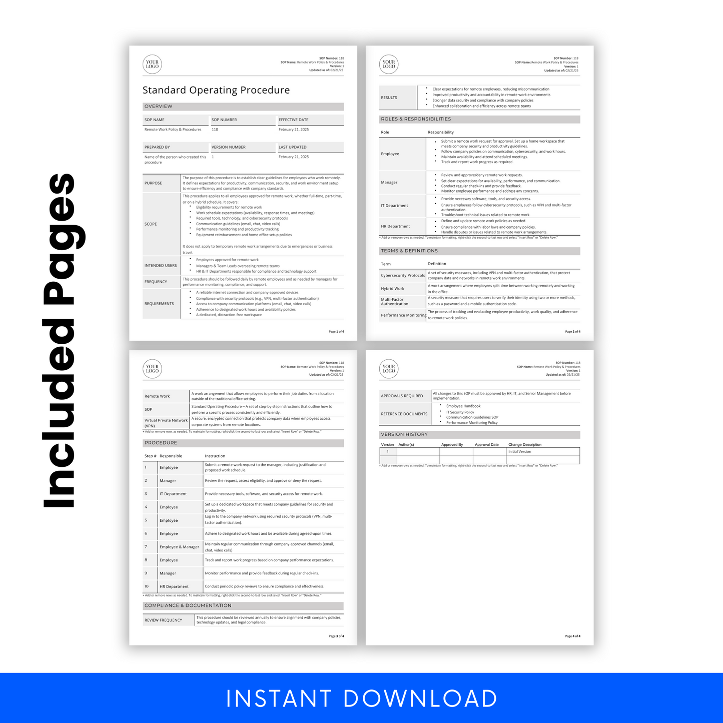 Remote Work Policy & Procedures SOP template showcasing four included pages. Features structured sections such as overview, roles and responsibilities, terms and definitions, procedures, compliance documentation, and version history. 'Included Pages' text on the left highlights the document's comprehensive nature, with an 'Instant Download' banner at the bottom.