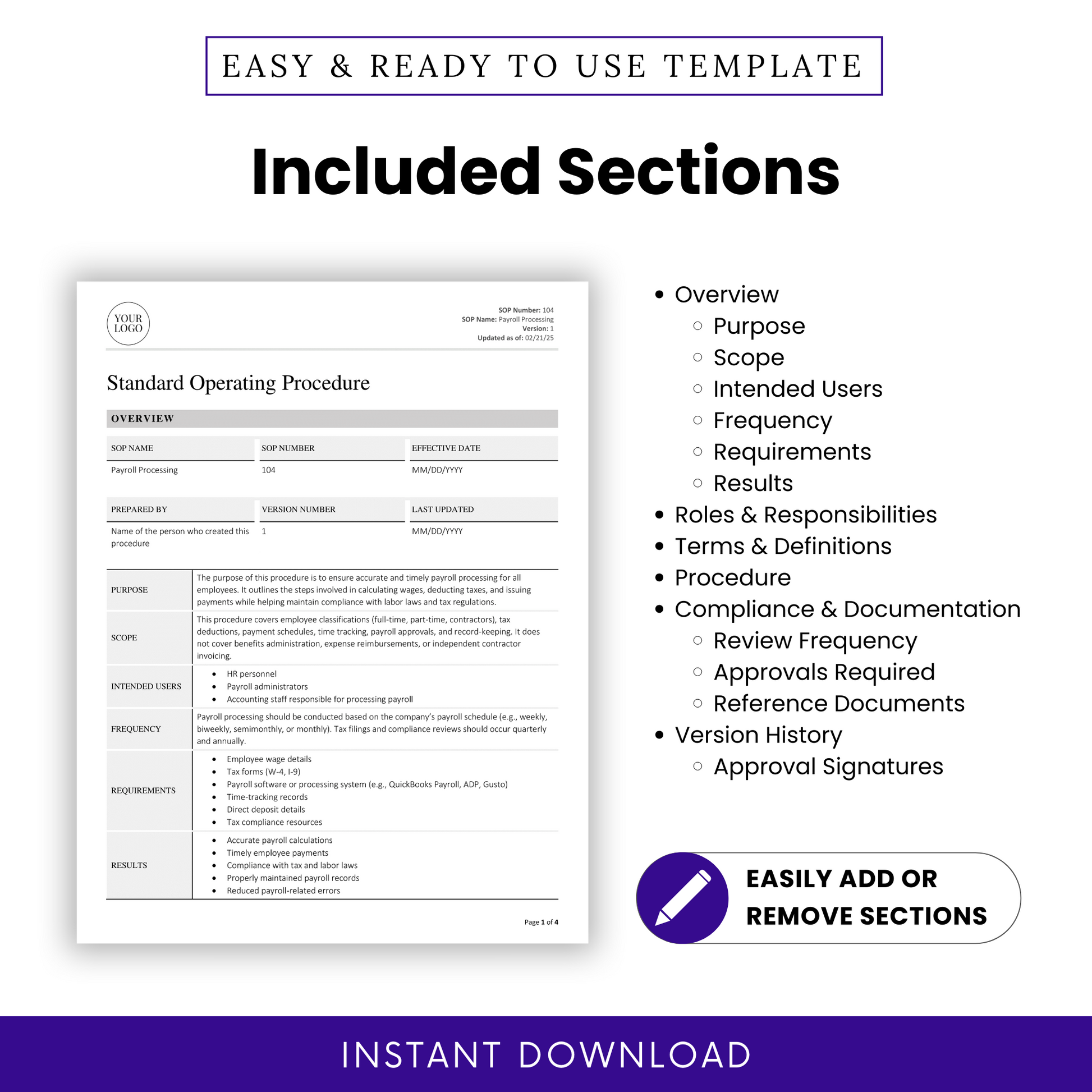 Image featuring a close-up of the SOP overview page with a bulleted list of included sections like Scope, Frequency, and Roles & Responsibilities alongside editable fields.