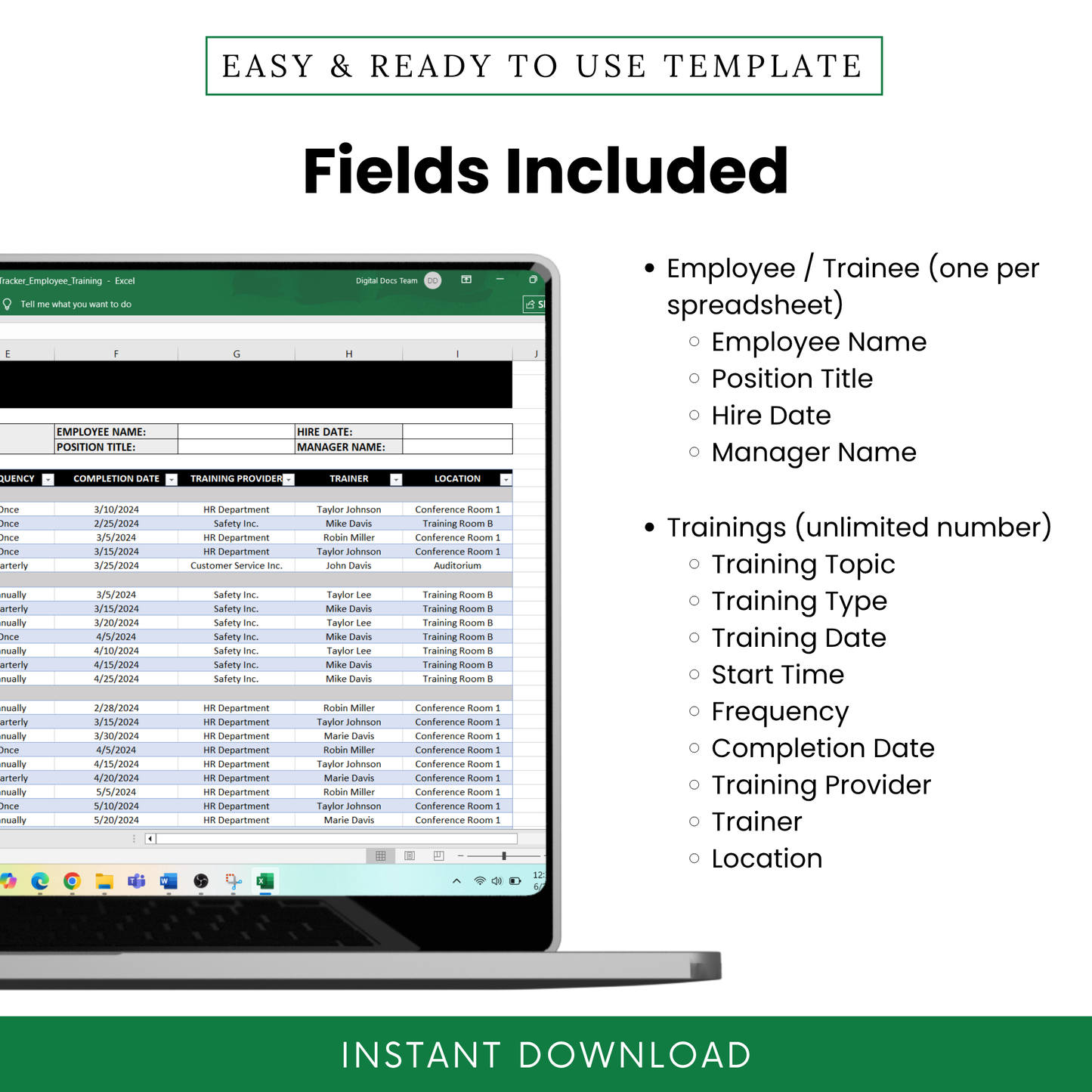 Simple Employee Training Plan & Tracker Template (MS Excel, Google Sheets) | Employee Training Program Management, Staff Training Plan