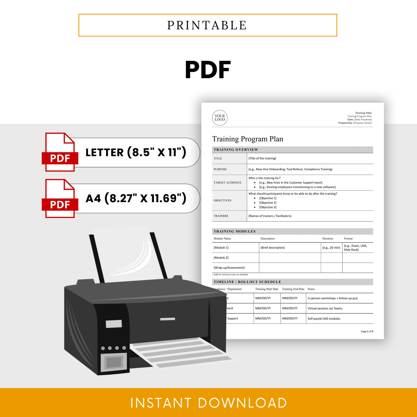 Printer and PDF icons highlighting the print-ready nature of the template in Letter and A4 sizes for easy distribution.