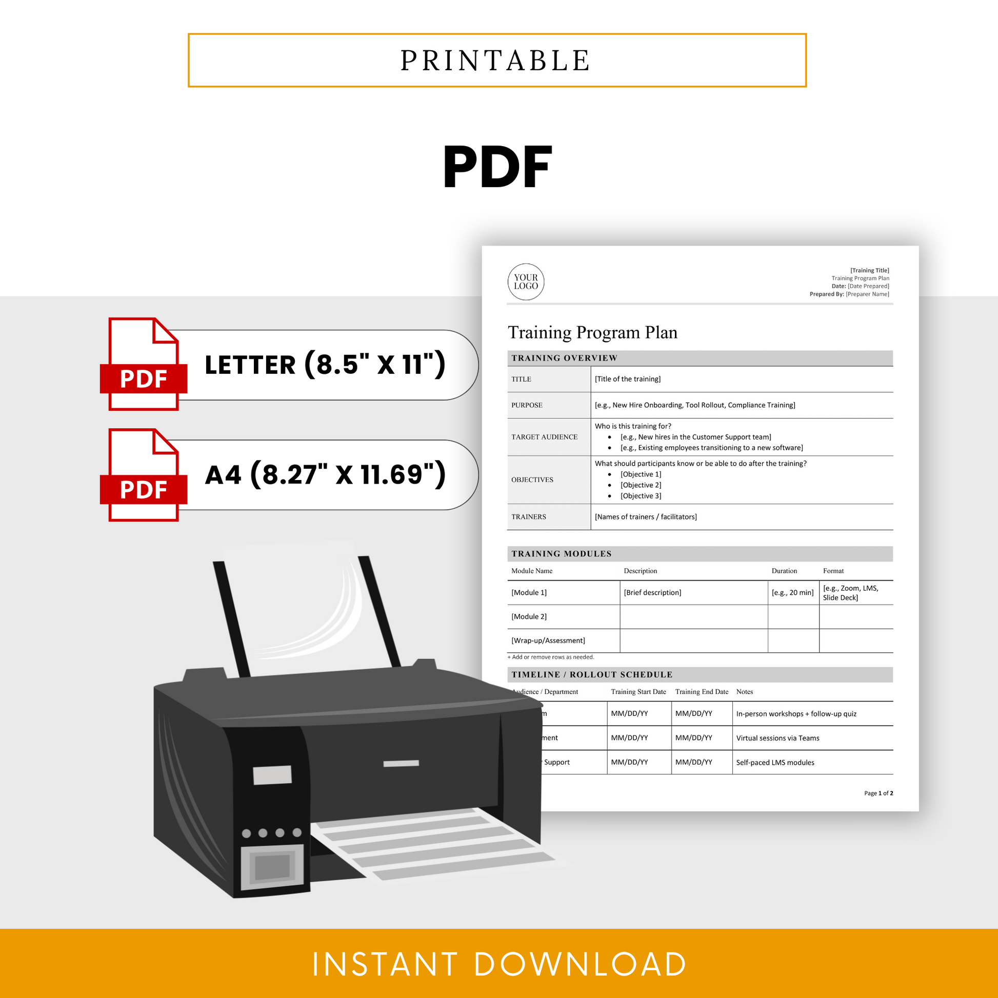 Printer and PDF icons highlighting the print-ready nature of the template in Letter and A4 sizes for easy distribution.