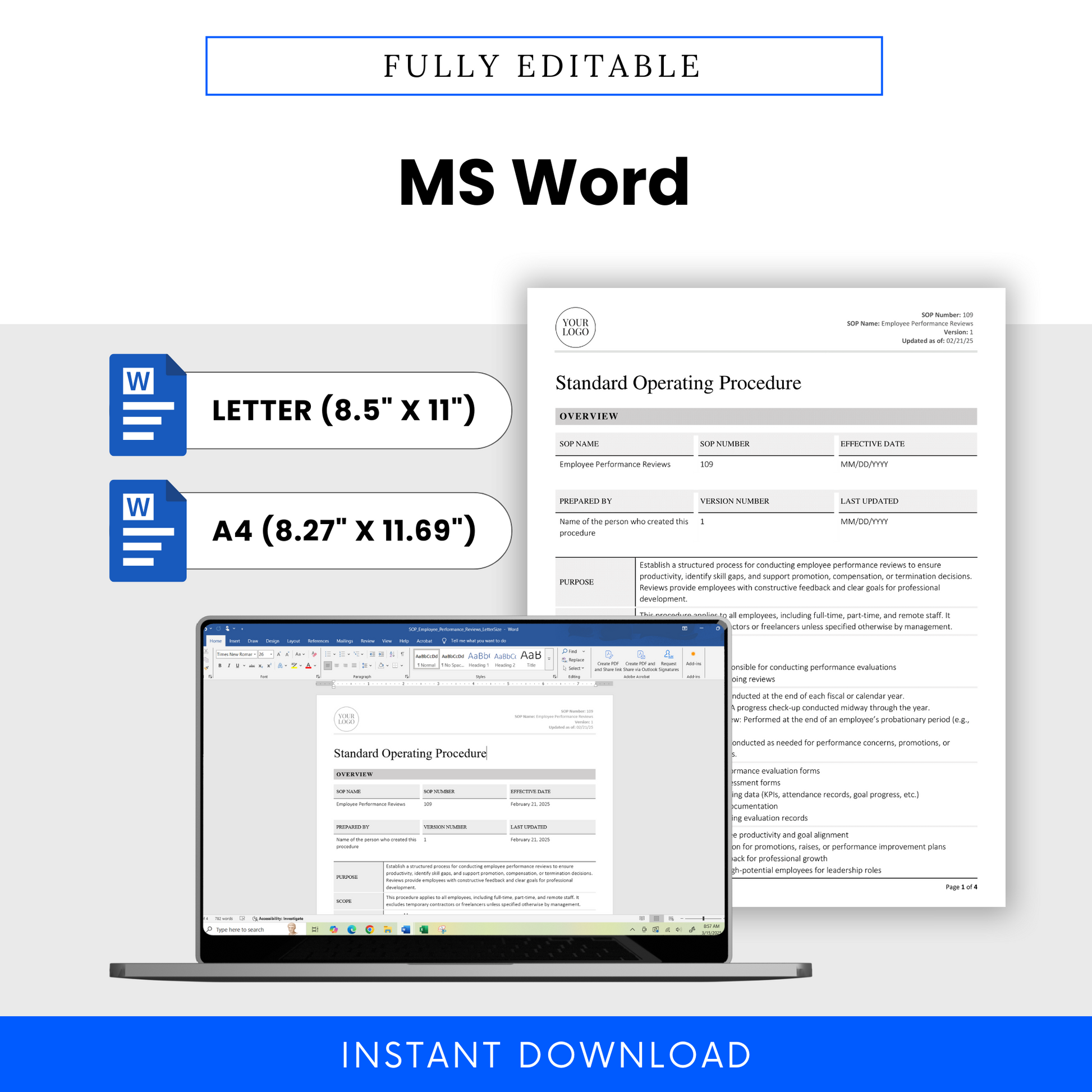 SOP displayed in Microsoft Word with format options in US Letter and A4 for full customization and digital use