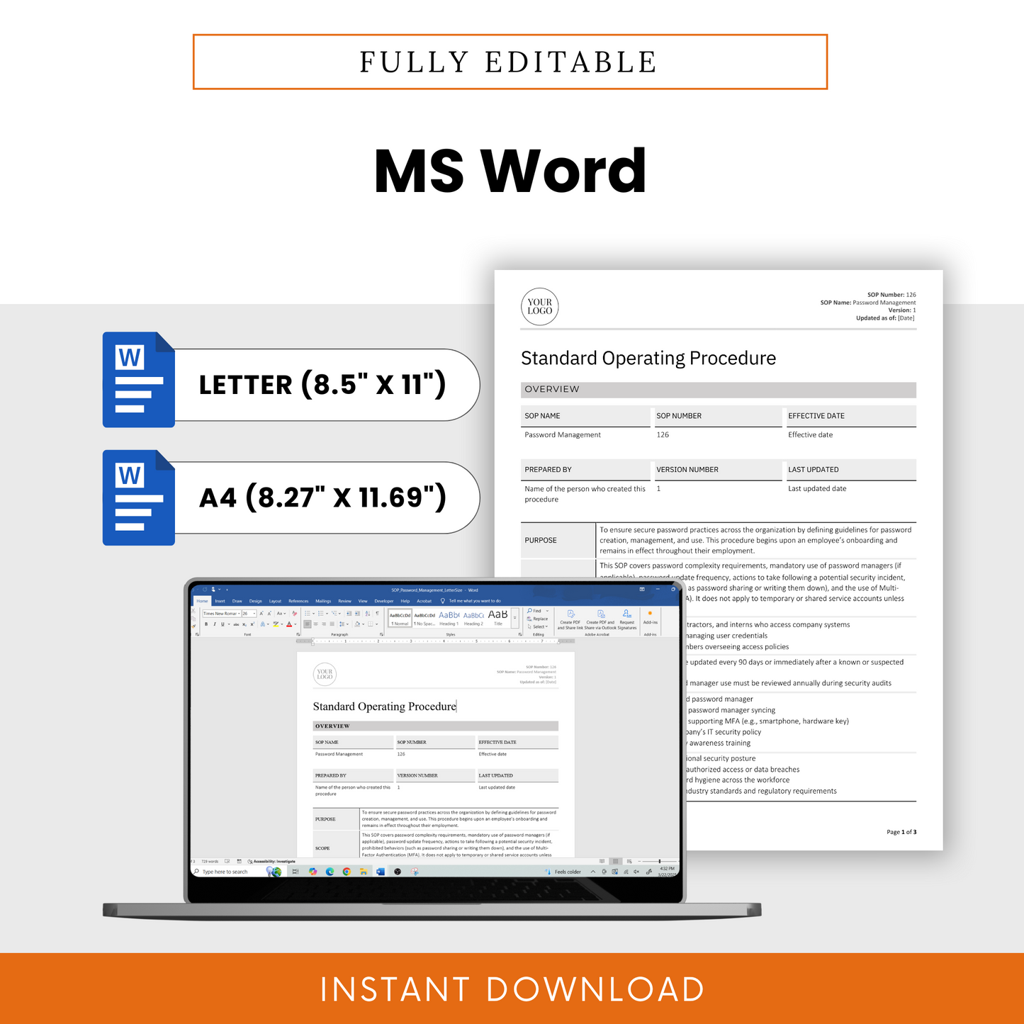 Simple SOP template in fully editable MS Word doc format for Password Management. Available in Letter (8.5” x 11”) and A4 (8.27” x 11.69”) sizes. Features a document preview displayed on a laptop screen, emphasizing easy customization. Includes Microsoft Word icons and an 'Instant Download' banner. Ideal for IT asset inventory, asset lifecycle management, IT asset management, and hardware retirement, access requests, new hire onboarding, and employee offboarding.