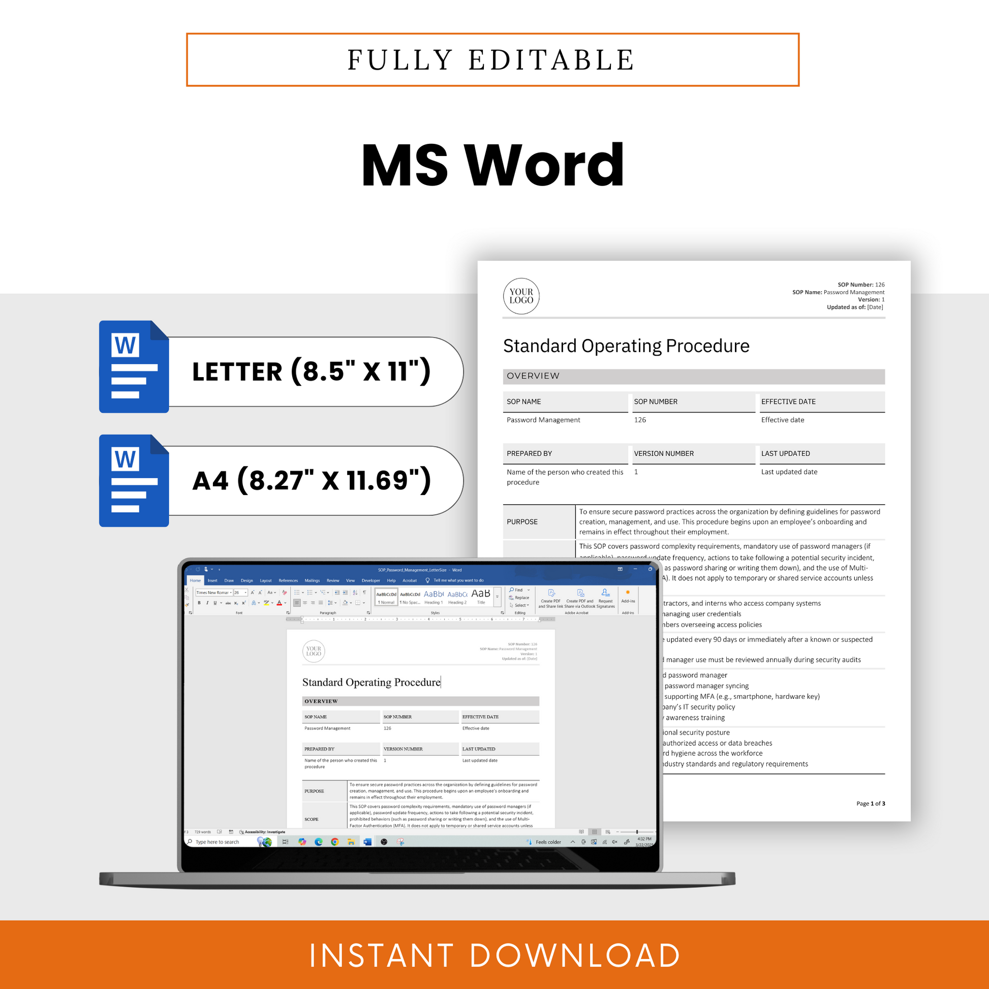 Simple SOP template in fully editable MS Word doc format for Password Management. Available in Letter (8.5” x 11”) and A4 (8.27” x 11.69”) sizes. Features a document preview displayed on a laptop screen, emphasizing easy customization. Includes Microsoft Word icons and an 'Instant Download' banner. Ideal for IT asset inventory, asset lifecycle management, IT asset management, and hardware retirement, access requests, new hire onboarding, and employee offboarding.