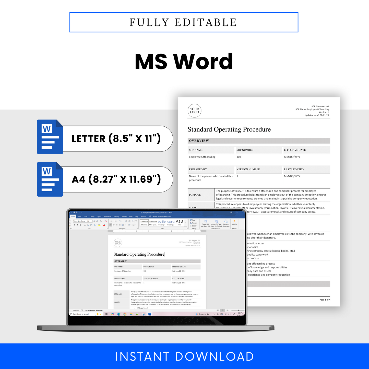 Employee Offboarding SOP template opened in Microsoft Word on a laptop, with icons showing availability in Letter and A4 sizes for seamless digital editing.