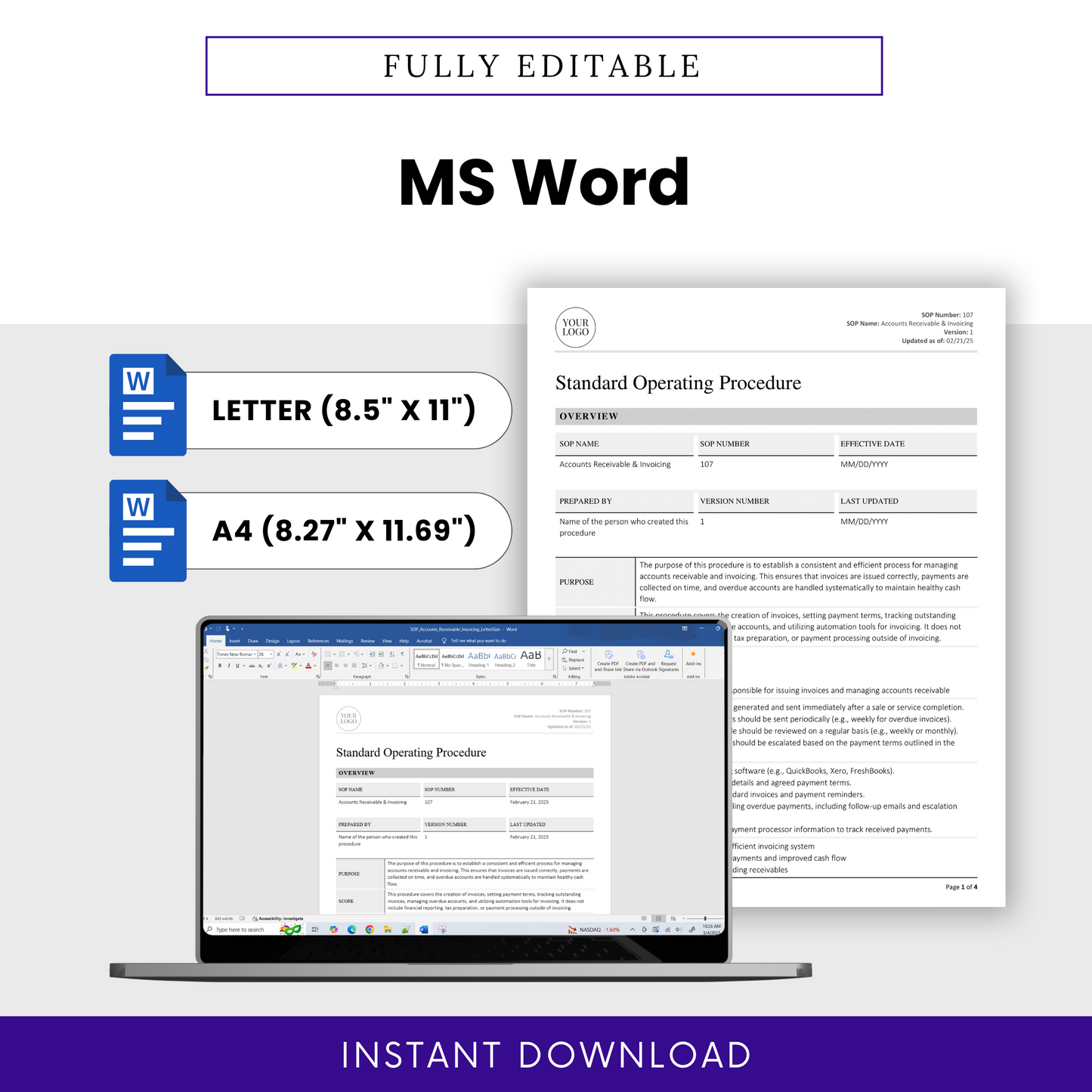 Editable SOP displayed on a laptop screen in Microsoft Word, with size options for both Letter and A4 formats