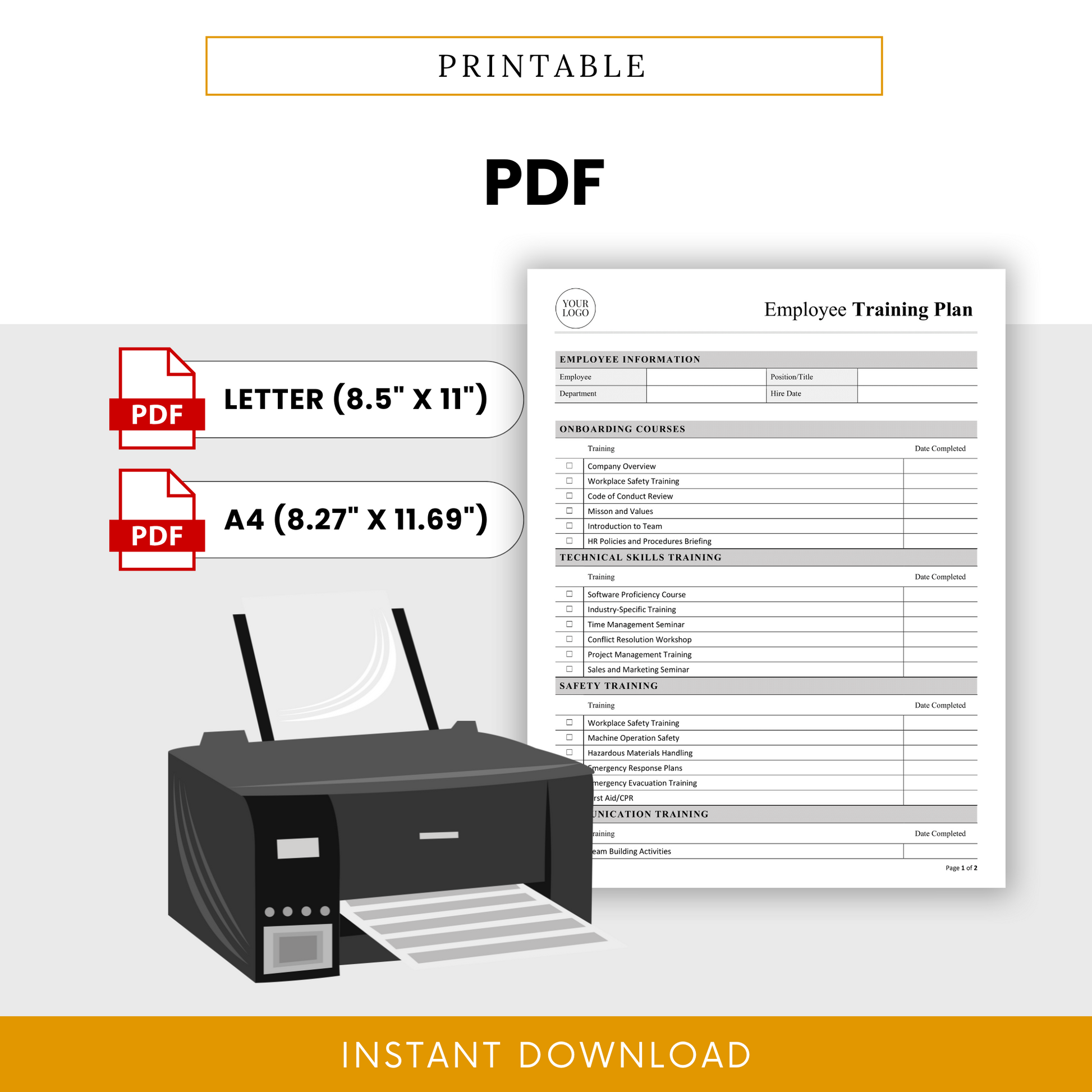 Printable version of the Employee Training Plan form shown with a printer and PDF icons for Letter and A4 sizes.