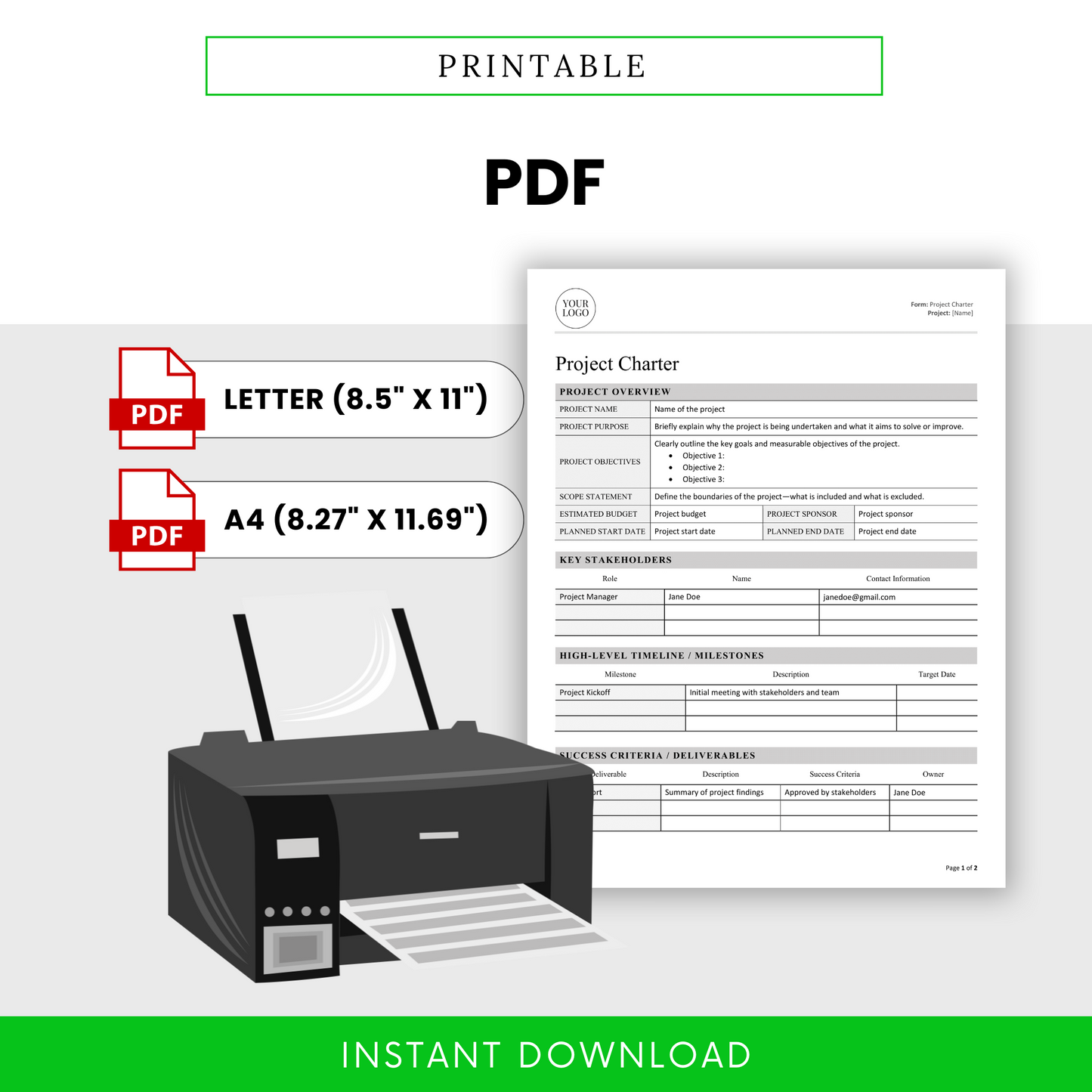 Printable PDF project charter shown with a printer icon and format labels for Letter (8.5" × 11") and A4 (8.27" × 11.69").