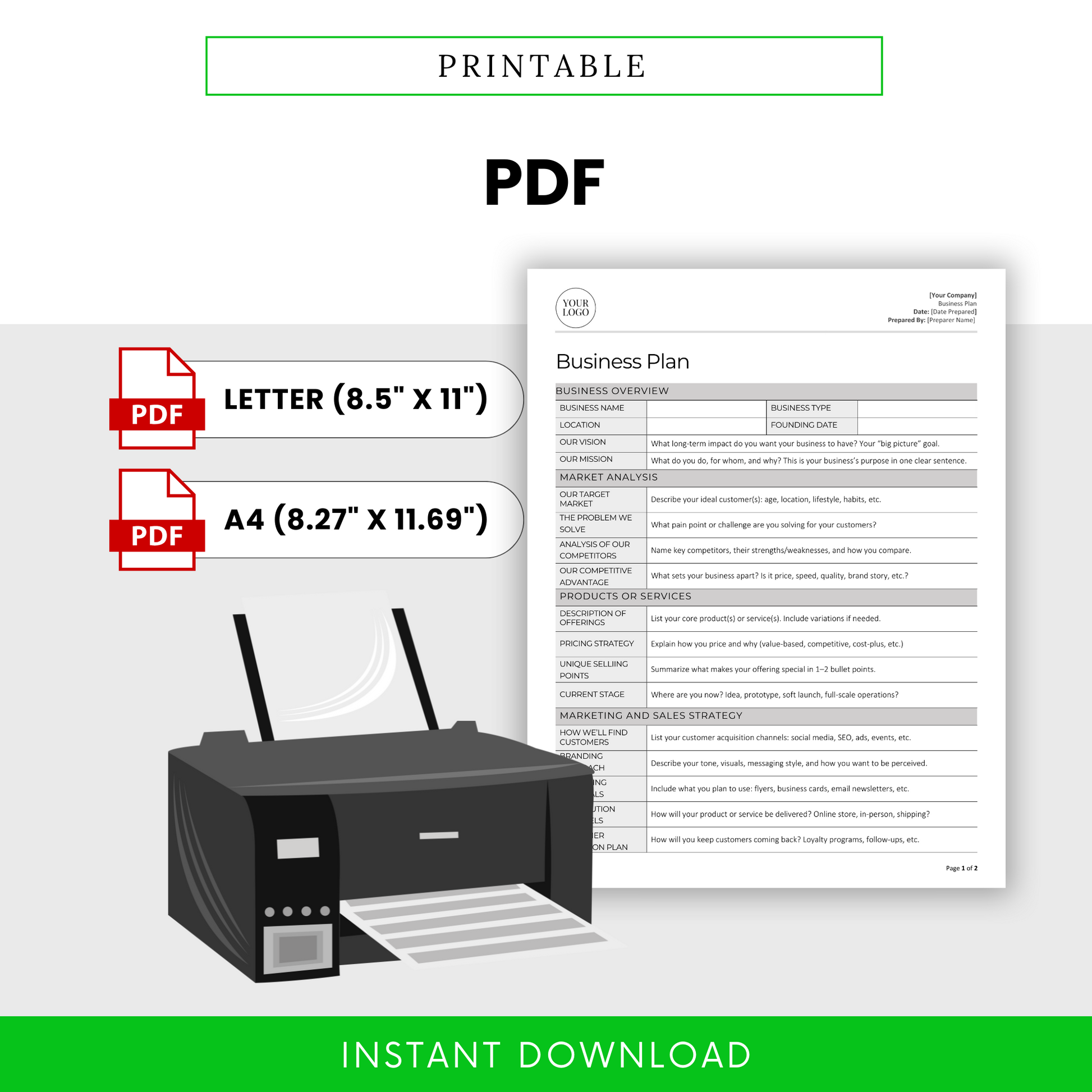 Printable Business Plan Template in PDF format. Available in US Letter and A4 sizes. Clean and professional layout with printer graphic and instant download label.