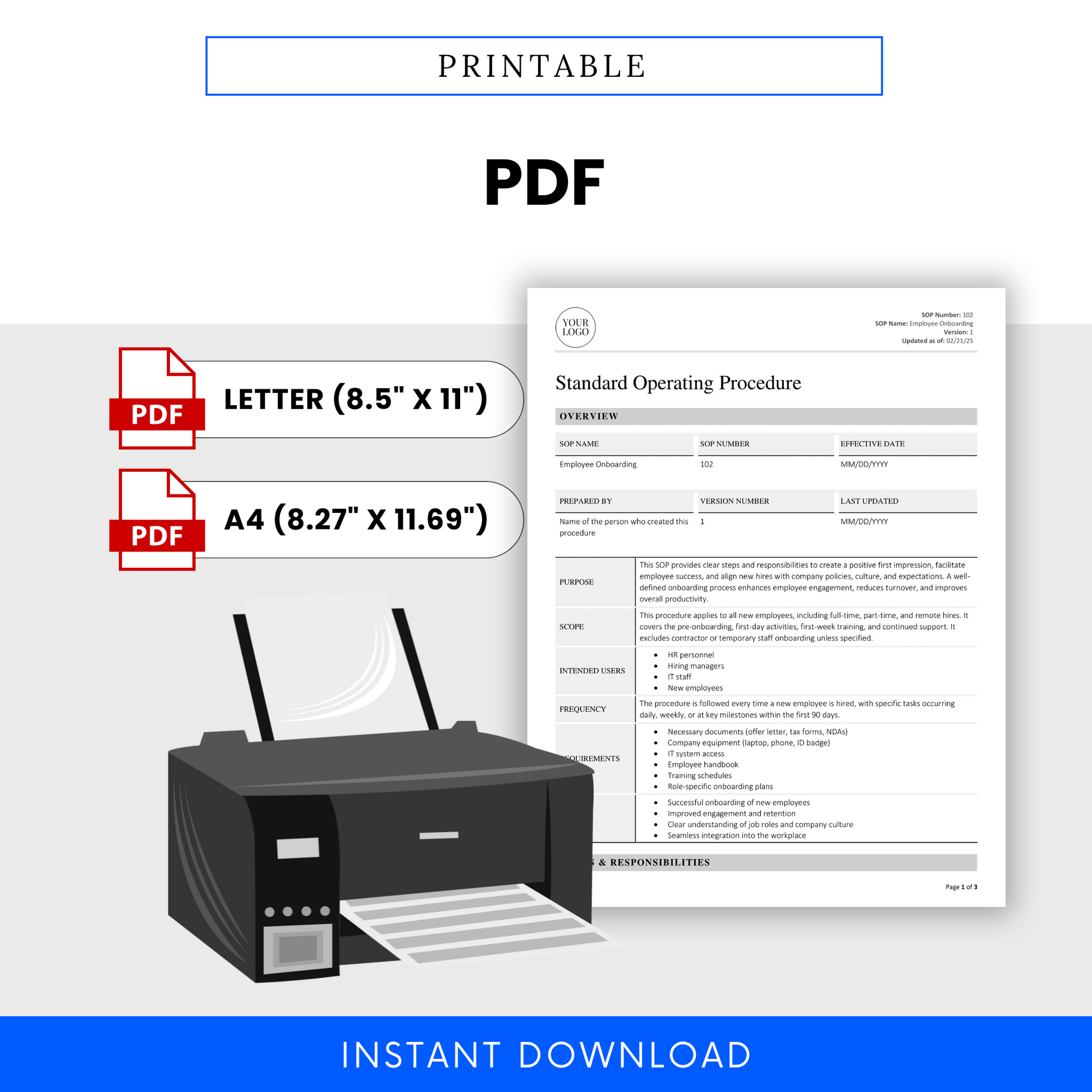 Illustration of the SOP template being printed, highlighting availability in both Letter and A4 PDF formats for convenient use.
