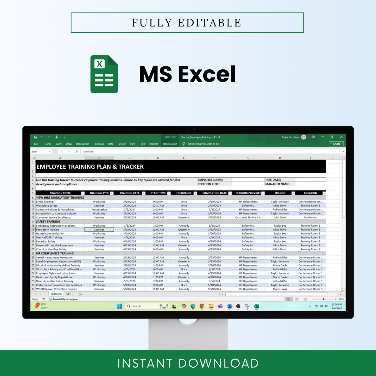 Simple Employee Training Plan & Tracker Template (MS Excel, Google Sheets) | Employee Training Program Management, Staff Training Plan