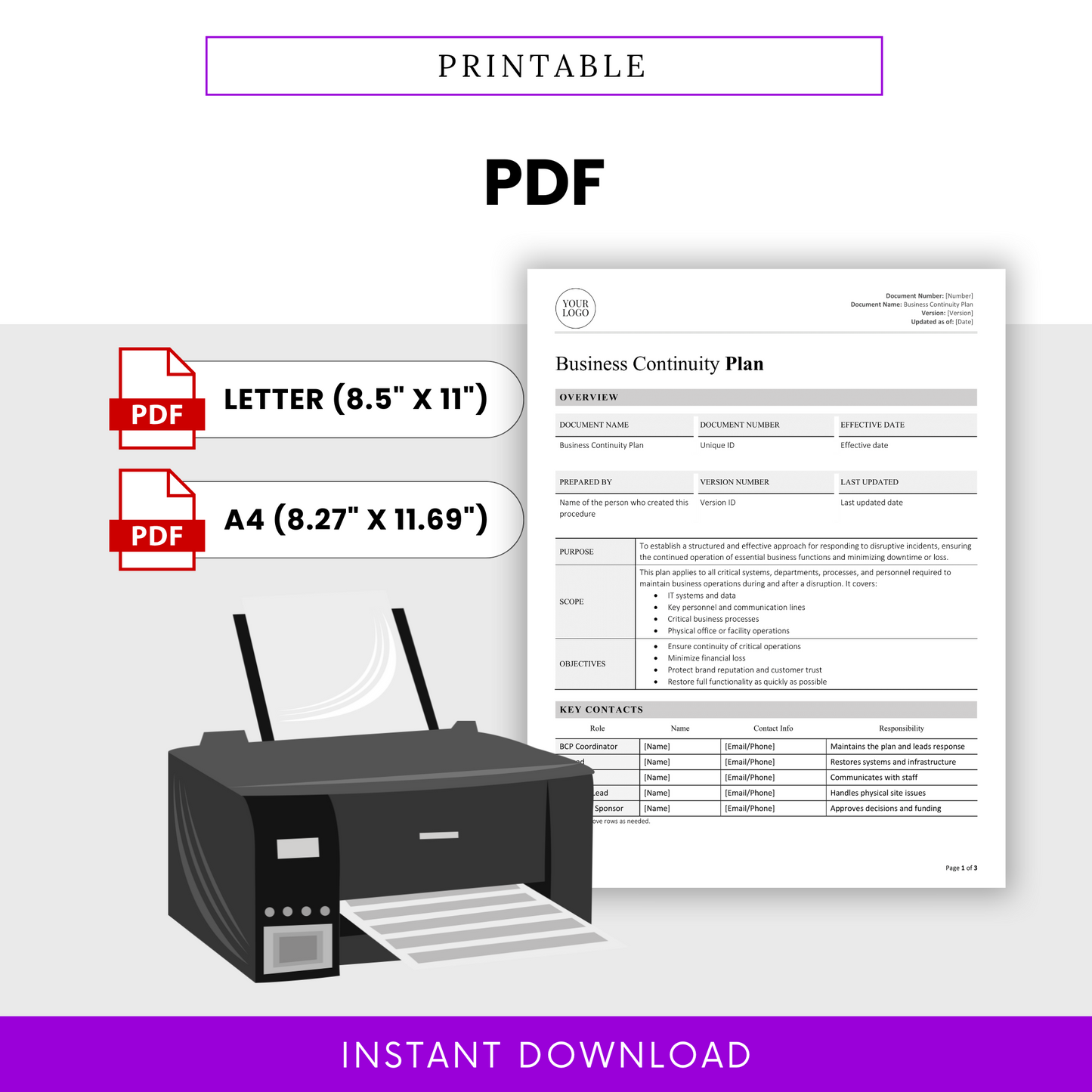 Printer and PDF format illustration showing the template available in US Letter and A4 sizes ready for print.