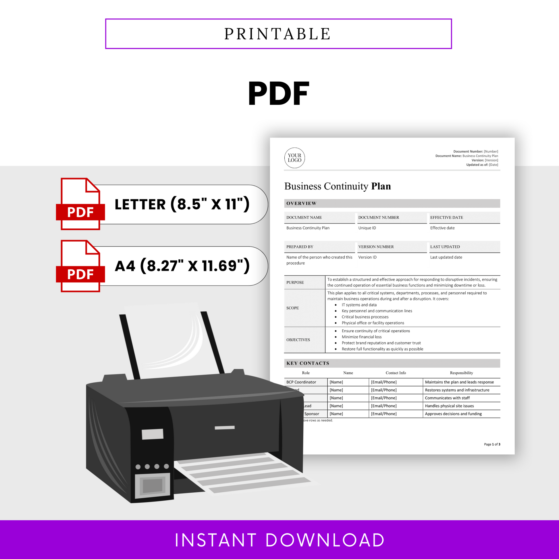 Printer and PDF format illustration showing the template available in US Letter and A4 sizes ready for print.