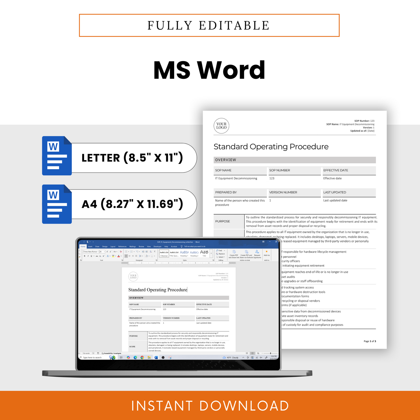 Simple SOP template in fully editable MS Word doc format for IT Equipment Decommissioning. Available in Letter (8.5” x 11”) and A4 (8.27” x 11.69”) sizes. Features a document preview displayed on a laptop screen, emphasizing easy customization. Includes Microsoft Word icons and an 'Instant Download' banner. Ideal for IT asset inventory, asset lifecycle management, IT asset management, configuration management database (CMDB), and hardware retirement.