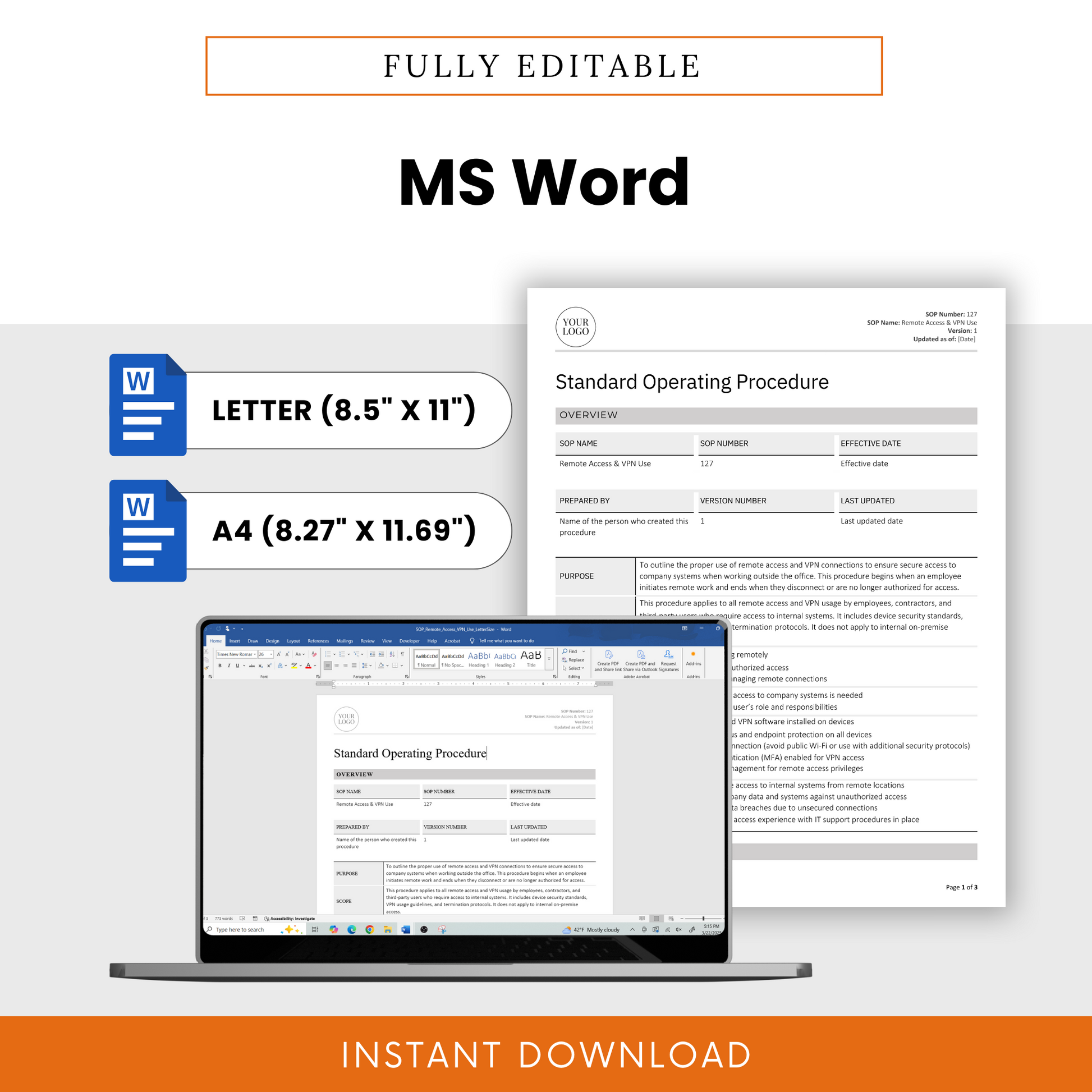 Simple SOP template in fully editable MS Word doc format for Employee Remote Access & VPN Use. Available in Letter (8.5” x 11”) and A4 (8.27” x 11.69”) sizes. Features a document preview displayed on a laptop screen, emphasizing easy customization. Includes Microsoft Word icons and an 'Instant Download' banner. Ideal for IT asset inventory, asset lifecycle management, IT asset management, and hardware retirement, access requests, new hire onboarding, and employee offboarding.