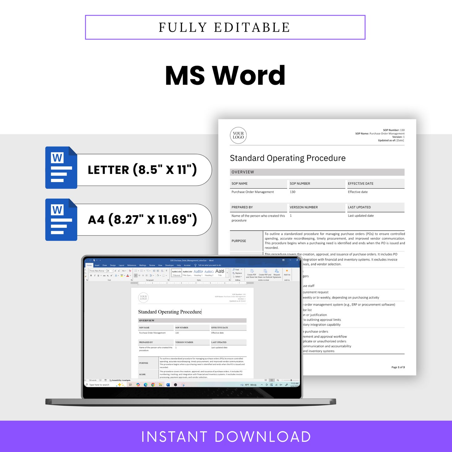 Fully Editable Purchase Order Management SOP Template in Microsoft Word – Instant Download in Letter (8.5 x 11) and A4 (8.27 x 11.69) Sizes – Standard Operating Procedure Document for Procurement, Purchasing, and Business Operations – Customizable Word Template for Small Business, Retail, E-commerce, and Inventory Teams – Includes All Sections Pre-Written and Ready to Edit in MS Word Format
