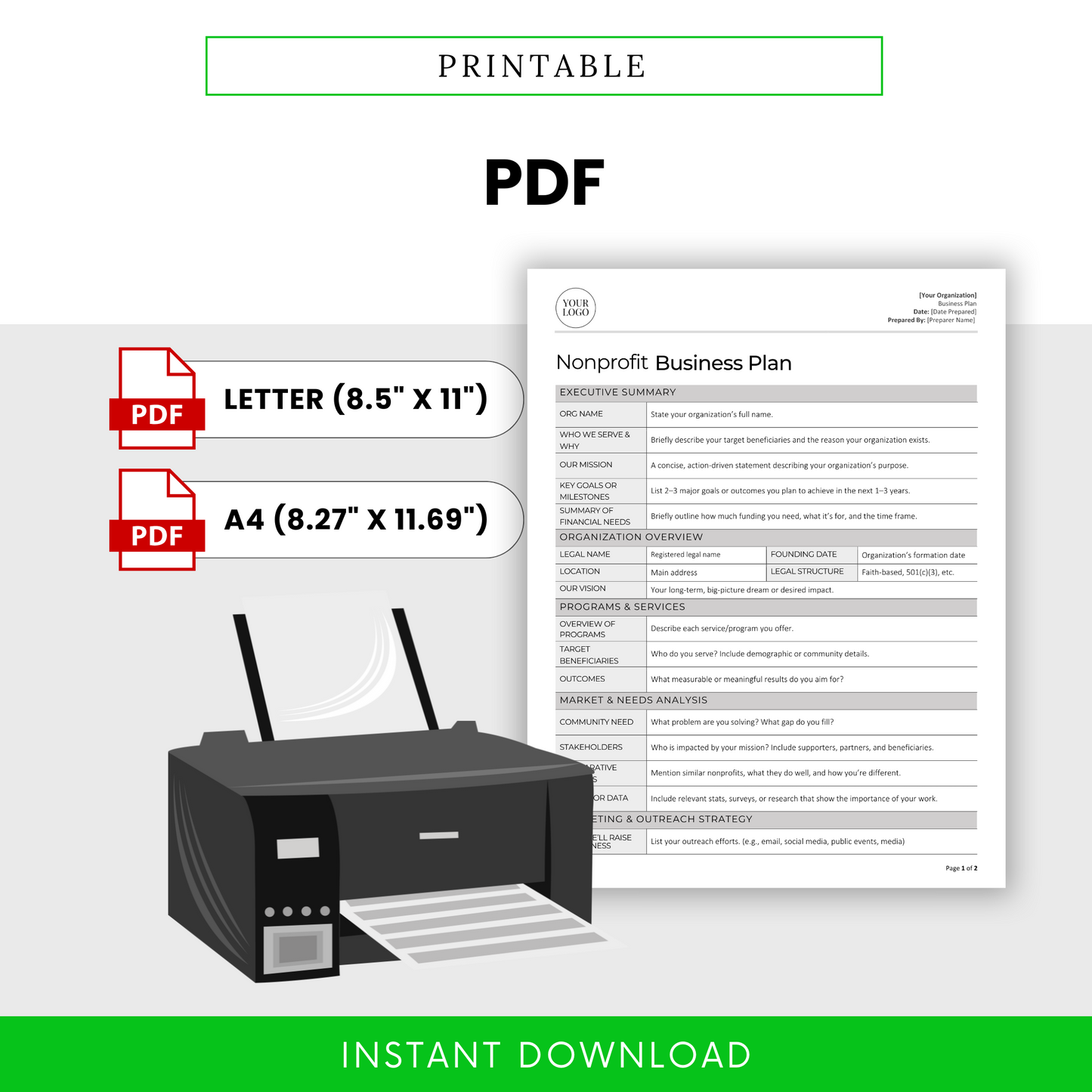 Printable Nonprofit Business Plan Template shown beside a printer, available in PDF format in both Letter and A4 sizes. Includes all sections for nonprofit planning and presentations.