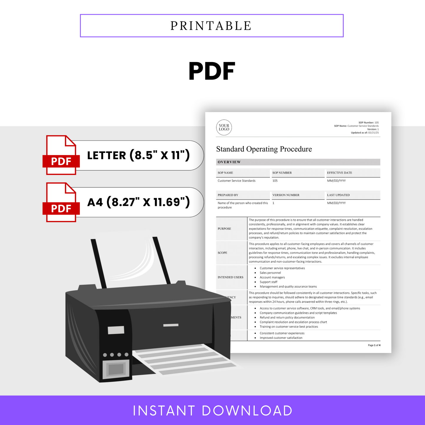Illustration of the Customer Service SOP template being printed, with icons emphasizing instant download availability in print-ready PDF formats.