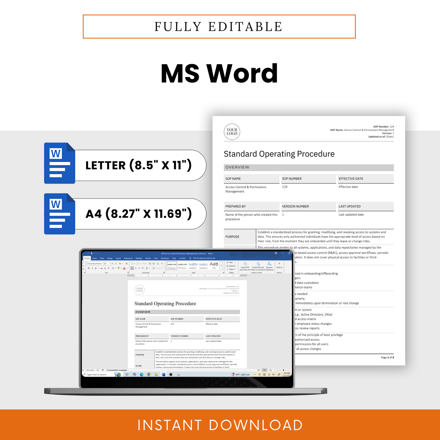 Simple SOP template in fully editable MS Word doc format for IT Access Control & Permissions Management. Available in Letter (8.5” x 11”) and A4 (8.27” x 11.69”) sizes. Features a document preview displayed on a laptop screen, emphasizing easy customization. Includes Microsoft Word icons and an 'Instant Download' banner. Ideal for IT asset inventory, asset lifecycle management, IT asset management, and hardware retirement, access requests, new hire onboarding, and employee offboarding.